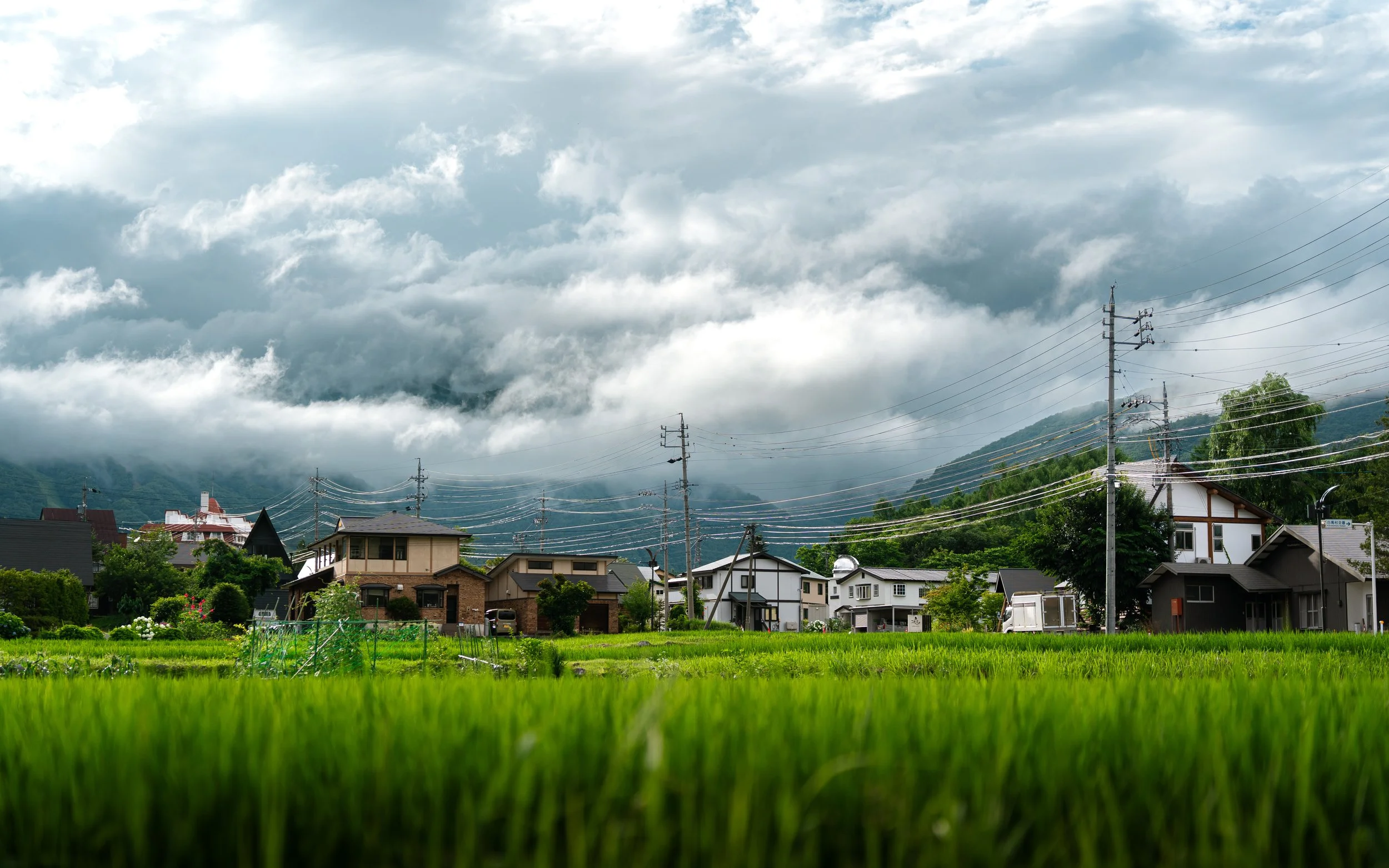 Residential neighborhood with houses, electrical poles, and green fields under a cloudy sky.