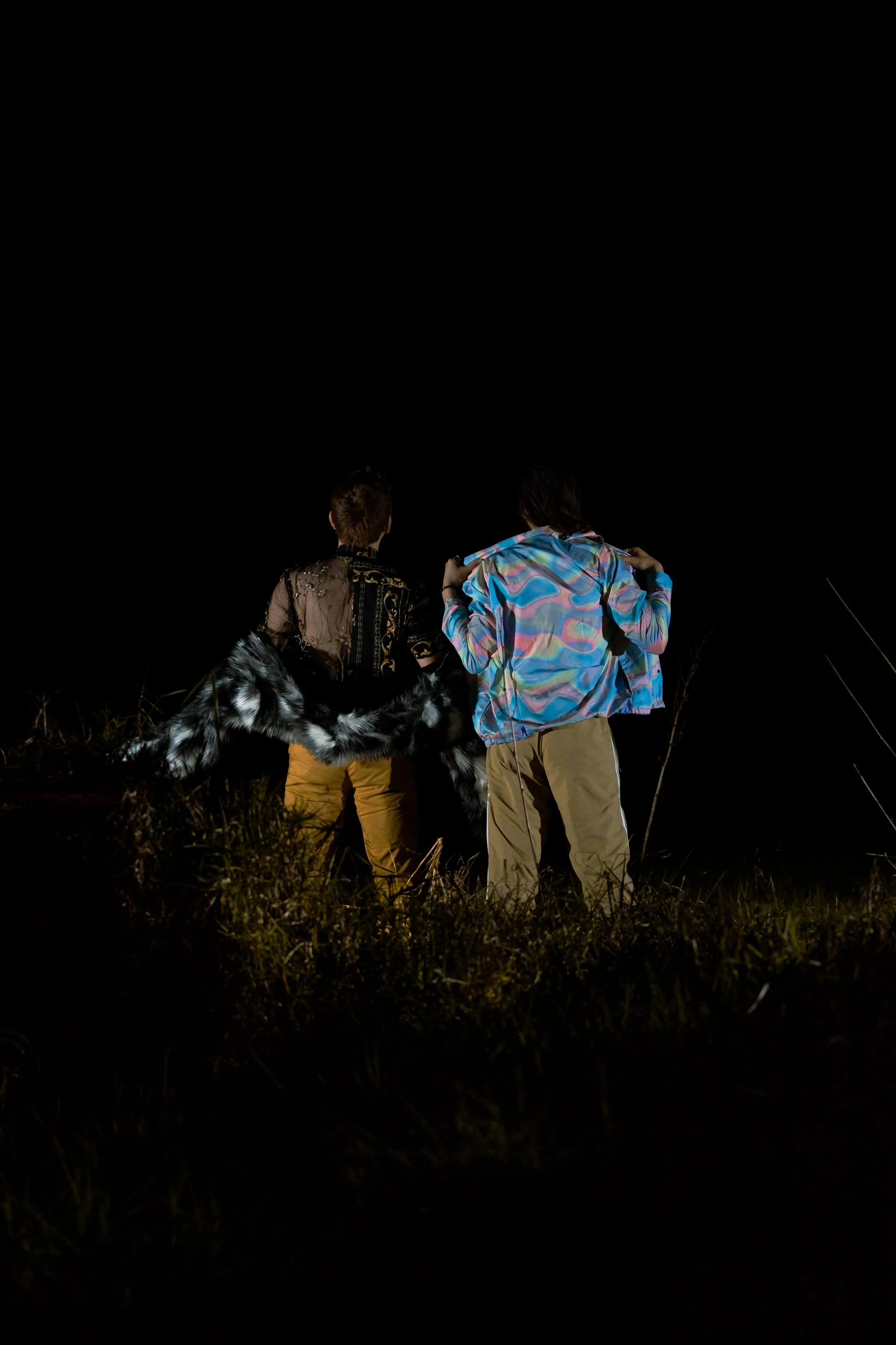 Two people standing outdoors at night, facing away from the camera, with grass in the foreground and a dark sky above.