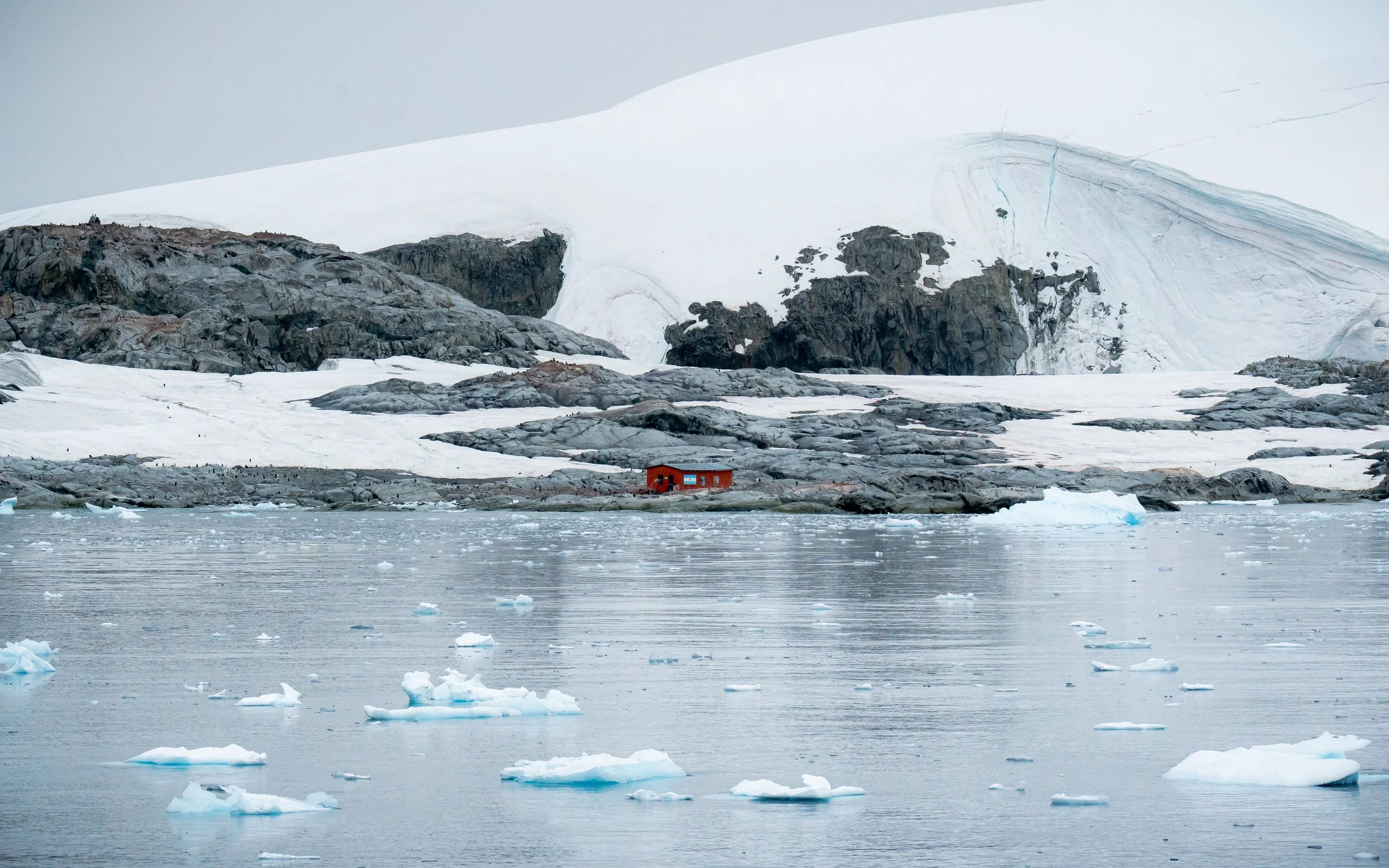 A snowy, rocky landscape with a red building near the water, mountains in the background, and ice floating on the water.