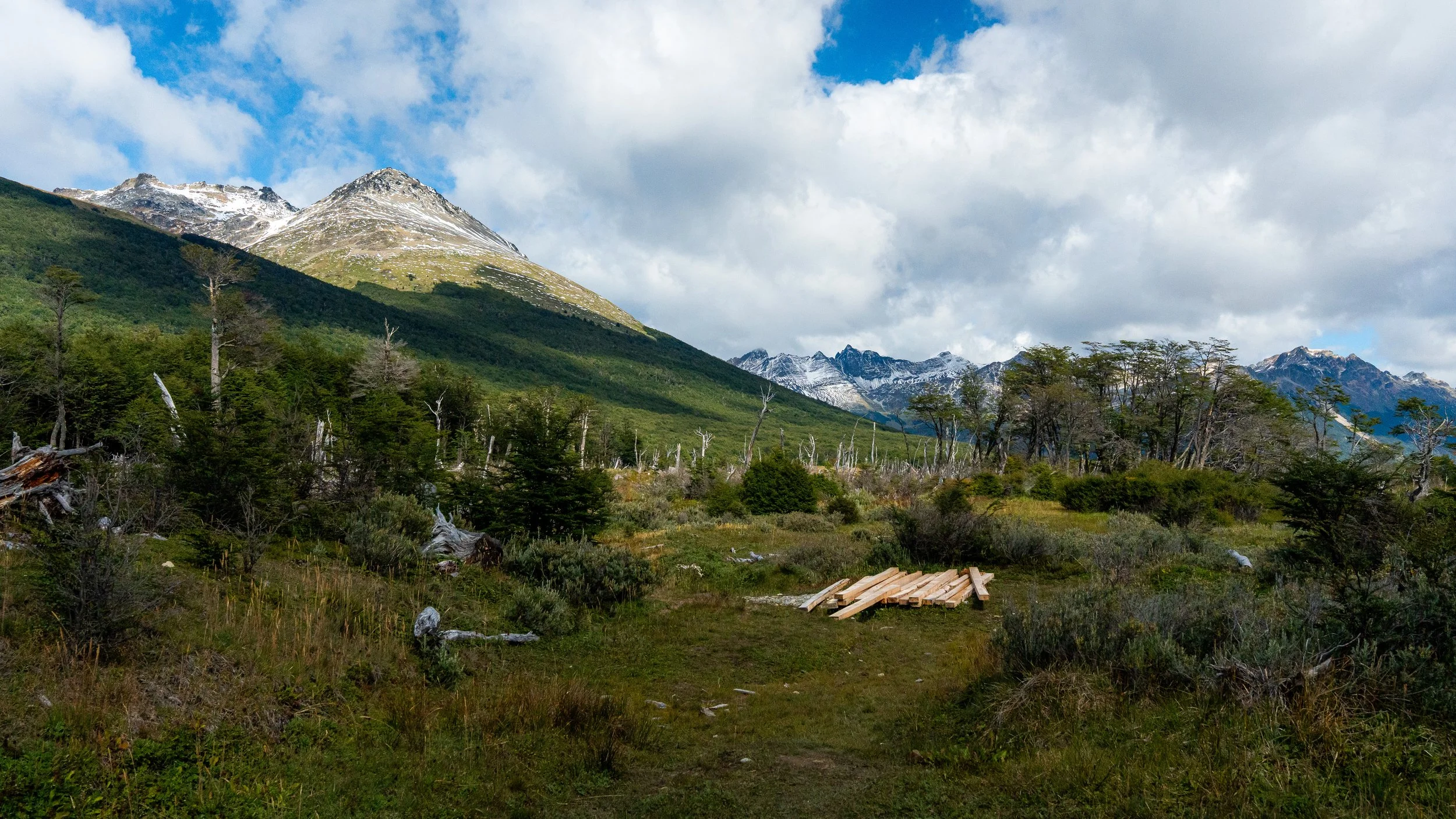 A scenic mountain landscape with snow-capped peaks, green forested slopes, and a cloudy sky. There is a small wooden structure in the foreground amidst dense woodland and grassy areas.