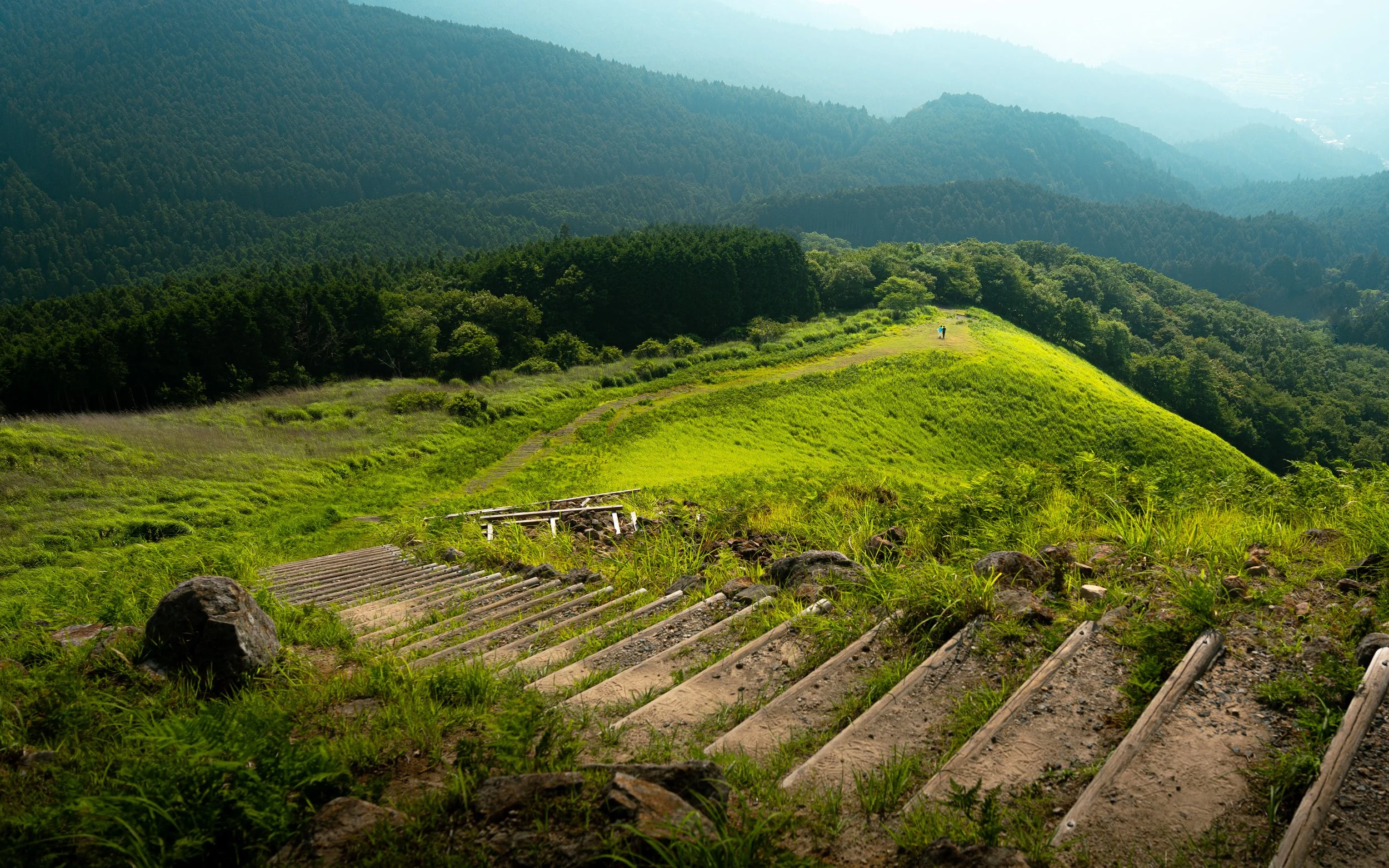 A lush green hillside with a winding dirt path, surrounded by dense forested mountains in the background, under a hazy sky.