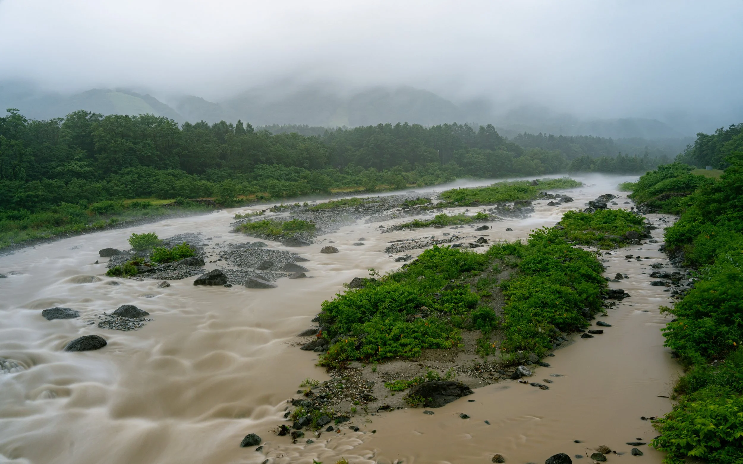 A river running through a green forest with mountains in the background, partially covered by fog on a cloudy day.