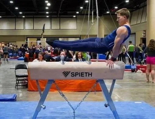 A gymnast performing a routine on the pommel horse at a gymnastics competition, with spectators and other gymnasts in the background.