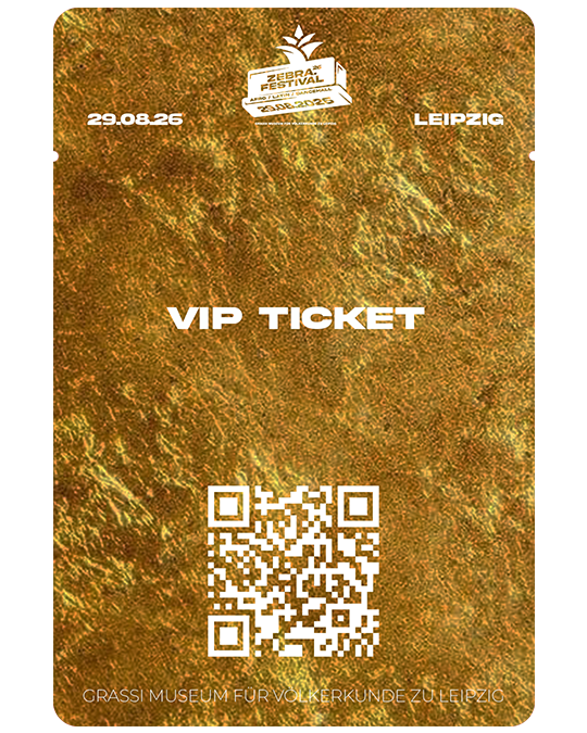 VIP-Ticket für das Zebra Festival in Leipzig am 29.08.2025, mit QR-Code und goldfarbenem Hintergrund.