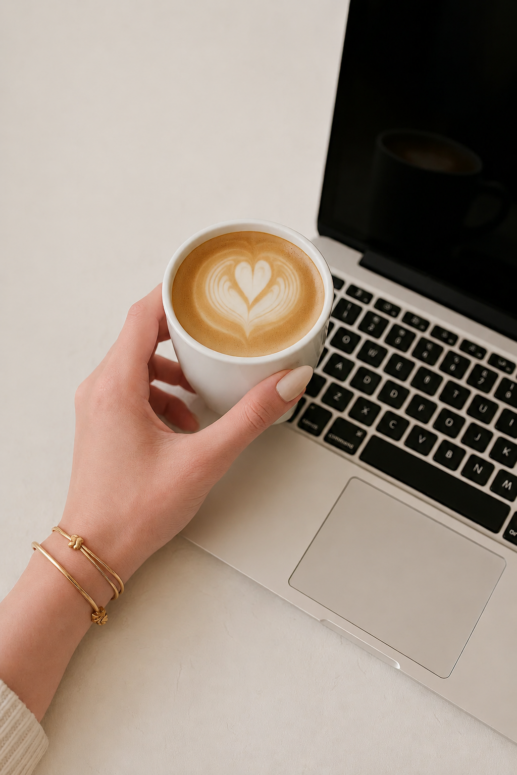 A person holding a white coffee cup with latte art, sitting at a desk with a silver laptop.