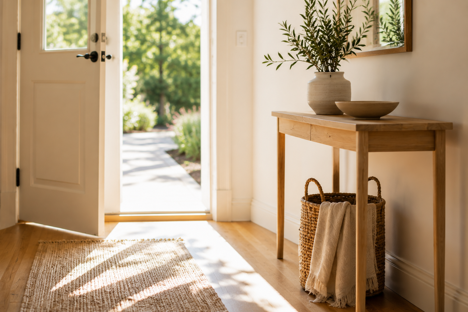 Sunlit entryway with an open door, wooden console table, greenery, and a woven basket on a wooden floor with a rug.