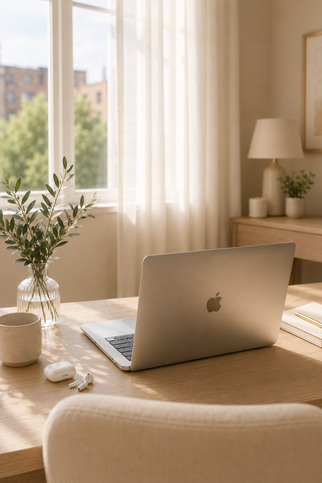 A workspace with a MacBook on a wooden desk, a potted plant, a ceramic cup, wireless earbuds, and a notebook with a pen, illuminated by natural light from a window.