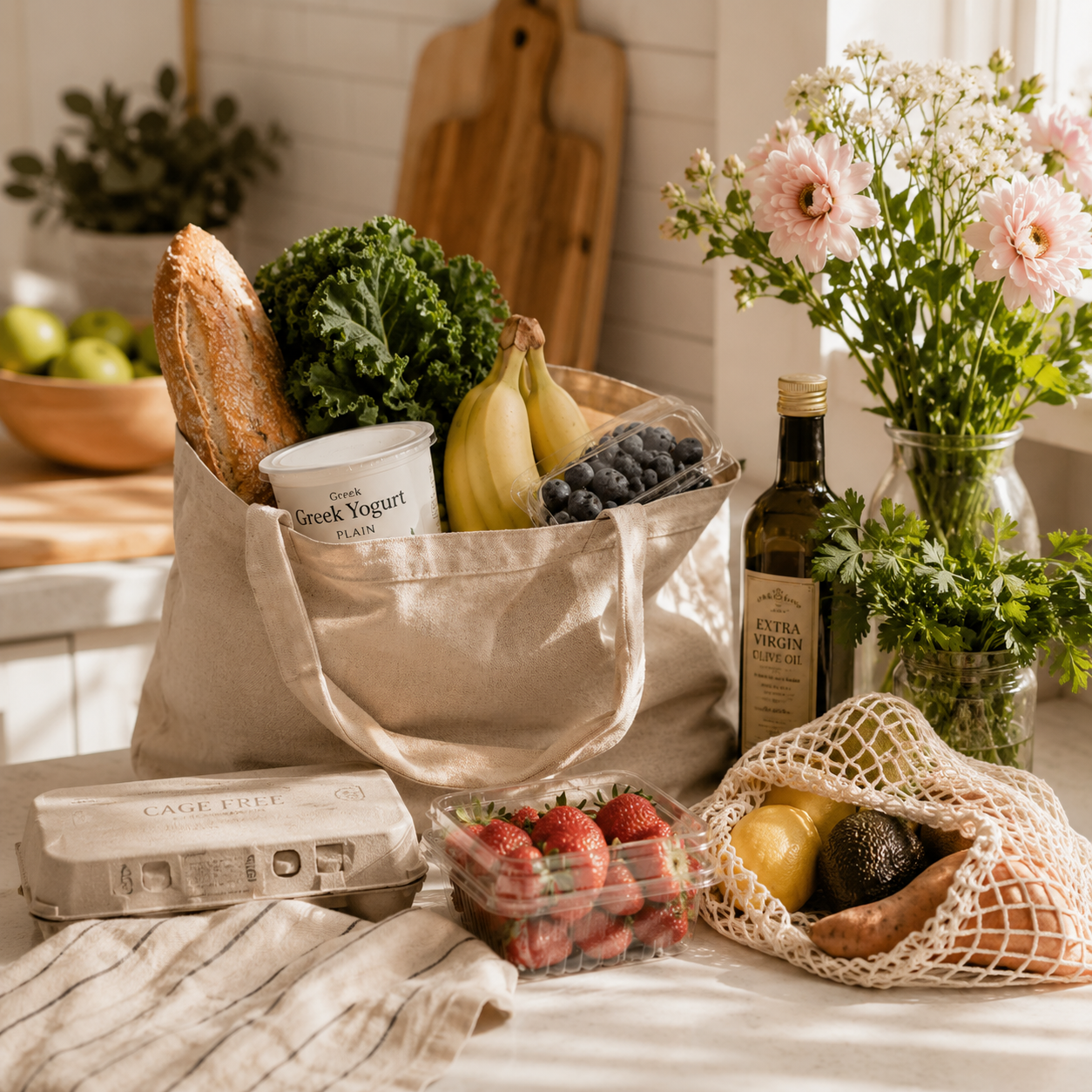 Reusable grocery bag filled with fresh produce, Greek yogurt, eggs, and pantry staples on a kitchen countertop.