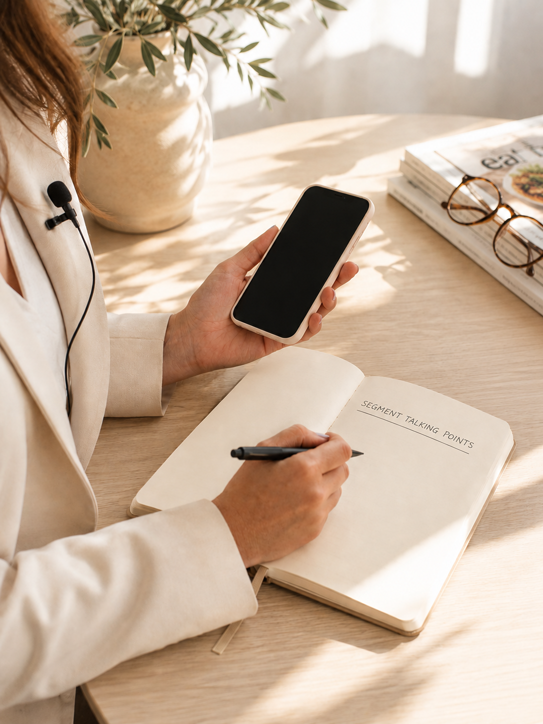 Person holding a smartphone beside a notebook labeled "Segment Talking Points" on a desk.