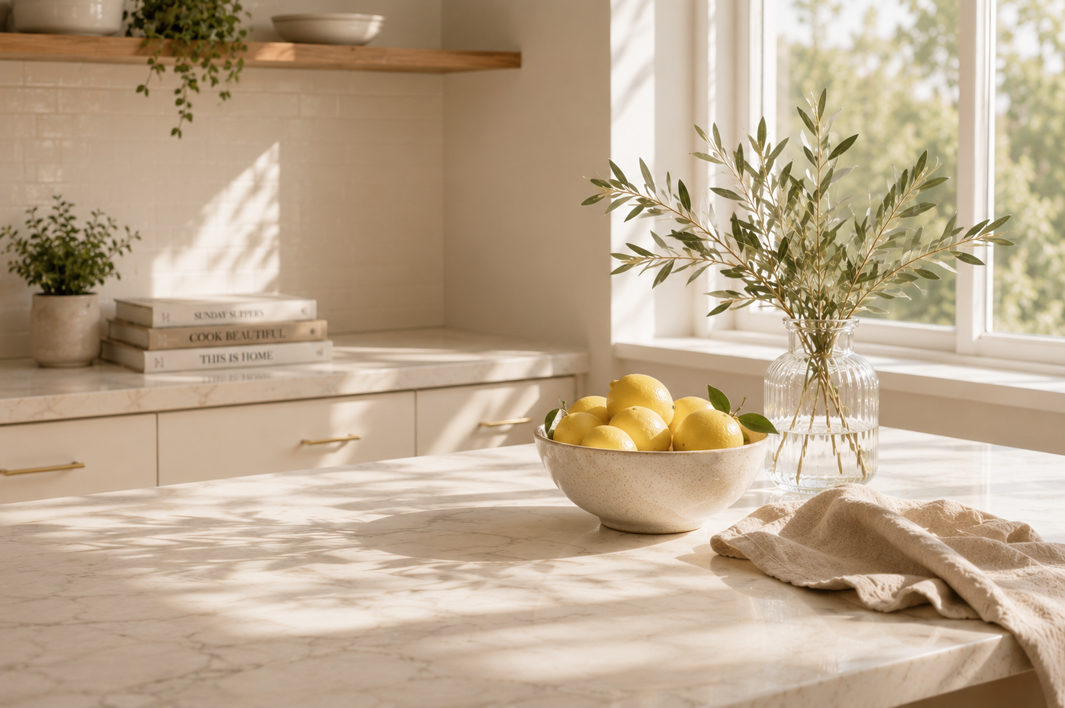 Bright neutral kitchen countertop with a bowl of lemons, leafy branches in a glass vase, a folded cloth, and sunlight streaming through a window.
