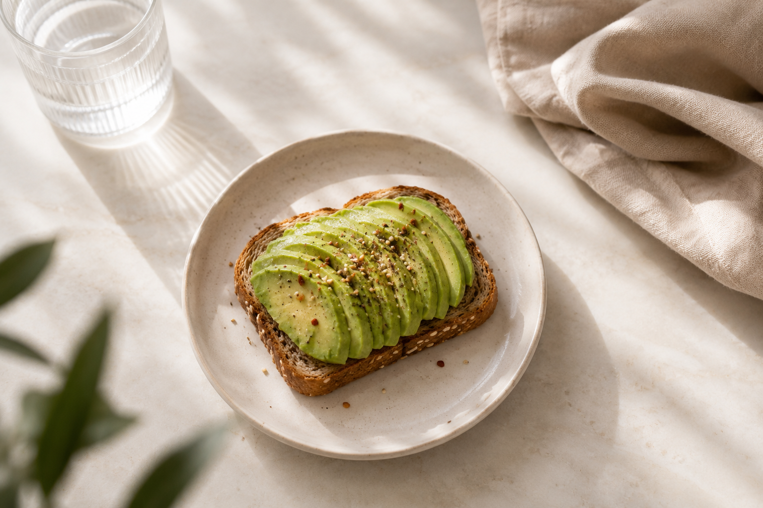 Whole grain avocado toast topped with sliced avocado and black pepper on a white plate.