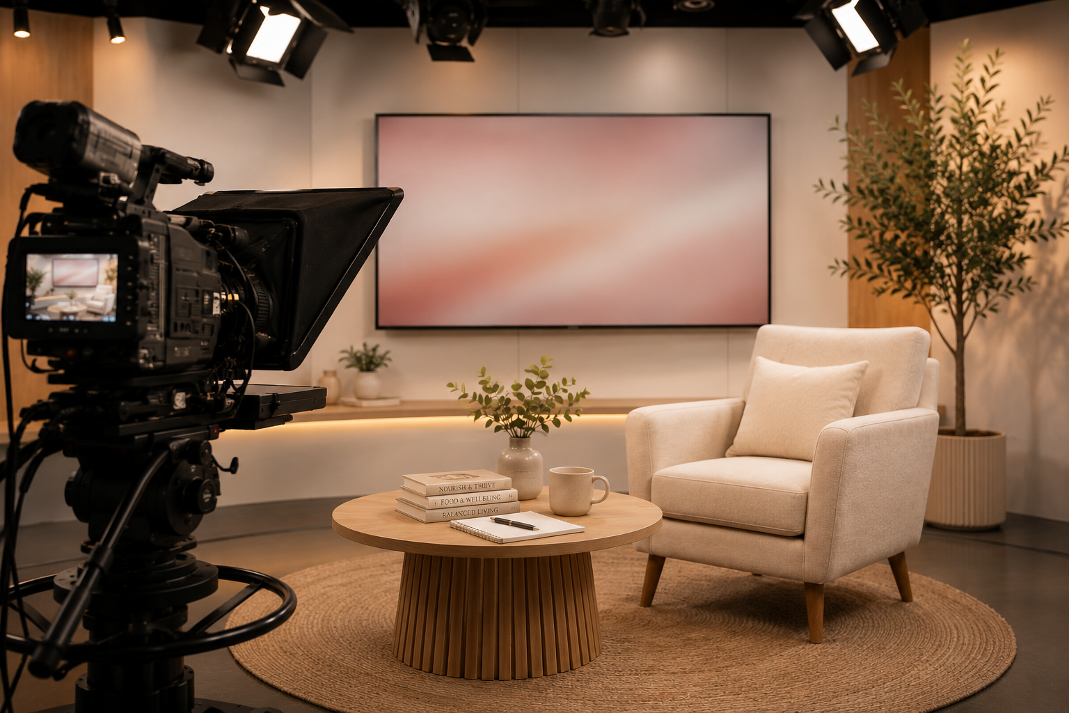 Television studio set with cameras, seating, and a large screen designed for media interviews and segments.