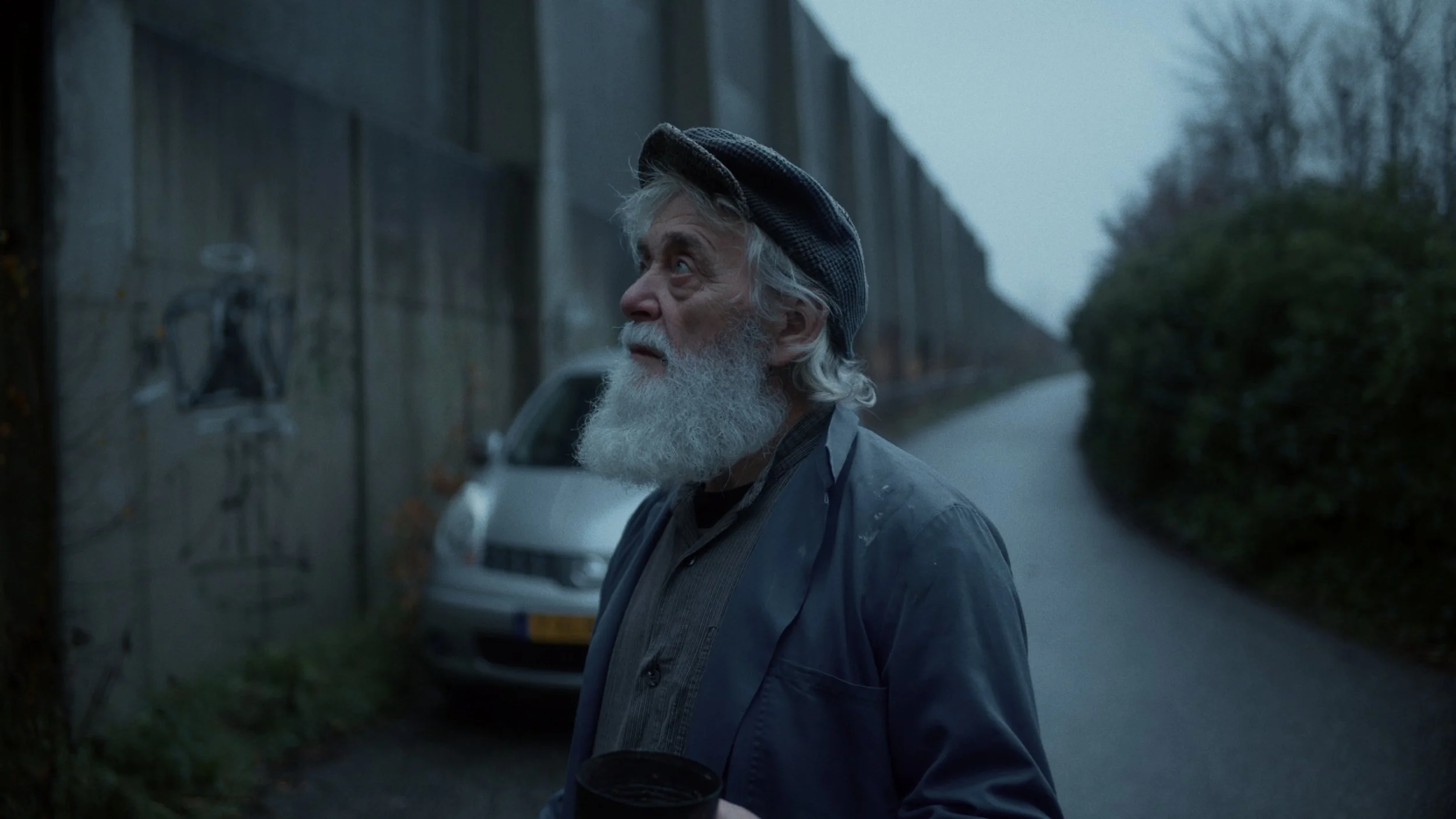 An elderly man with a white beard and gray hair, wearing a cap and a blue jacket, stands outdoors in a dimly lit area, looking up beside a wooden fence at dusk or dawn.