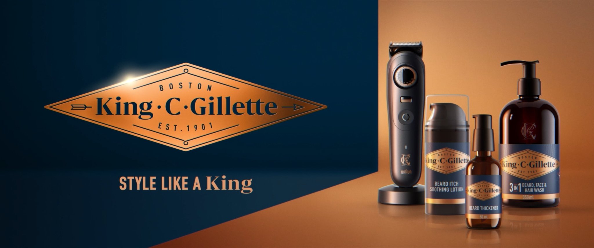 Collection of King C. Gillette grooming products including an electric shaver, beard soothing lotion, beard thickener, and face and hair wash bottles, with a King C. Gillette logo and the slogan "Style like a King".