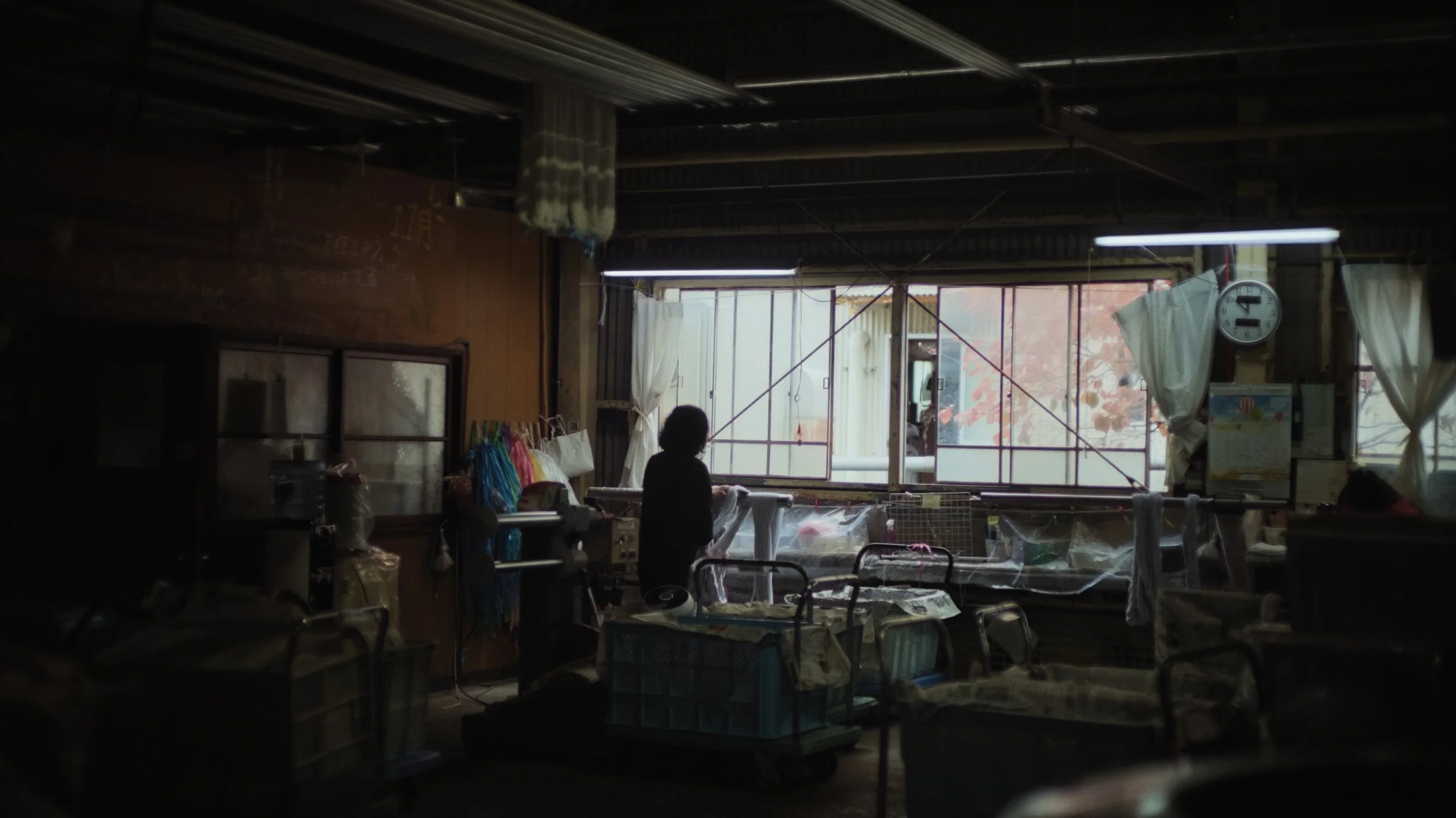 Person facing a large window in a dimly lit room with various objects and equipment, and curtains hanging from the ceiling.