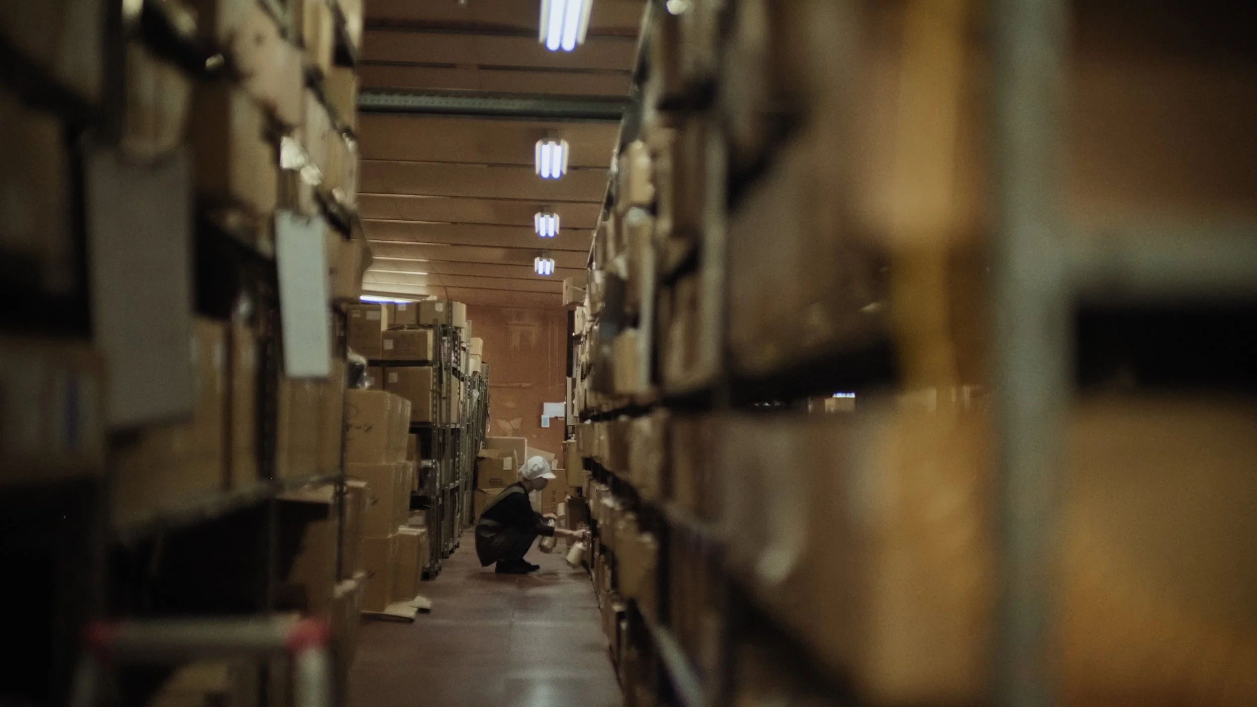 A person crouching on the floor in a storage room with shelves filled with boxes.