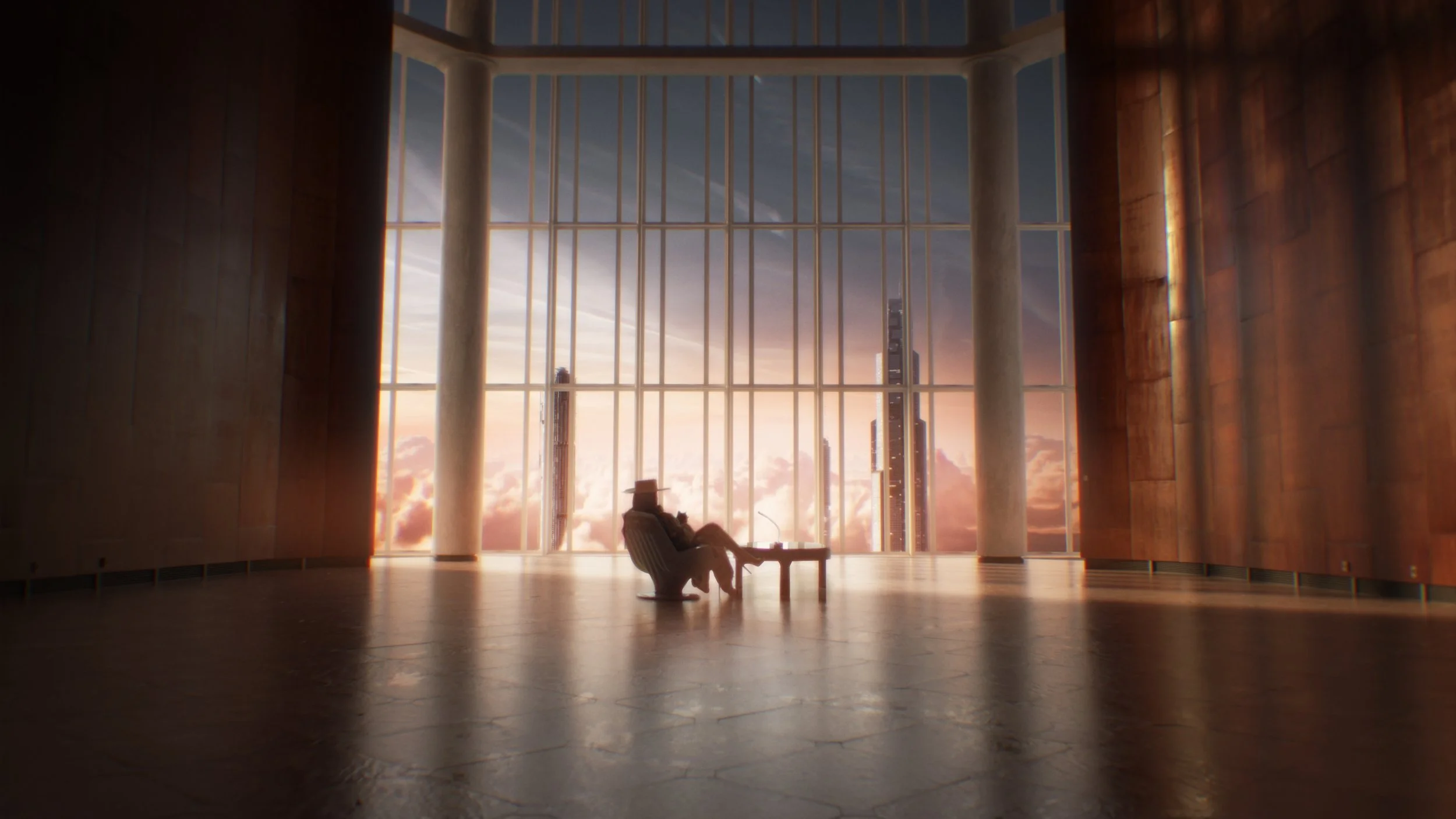 Interior of a large room with a person sitting on a bench in front of a tall window showing a city skyline and sunset sky.