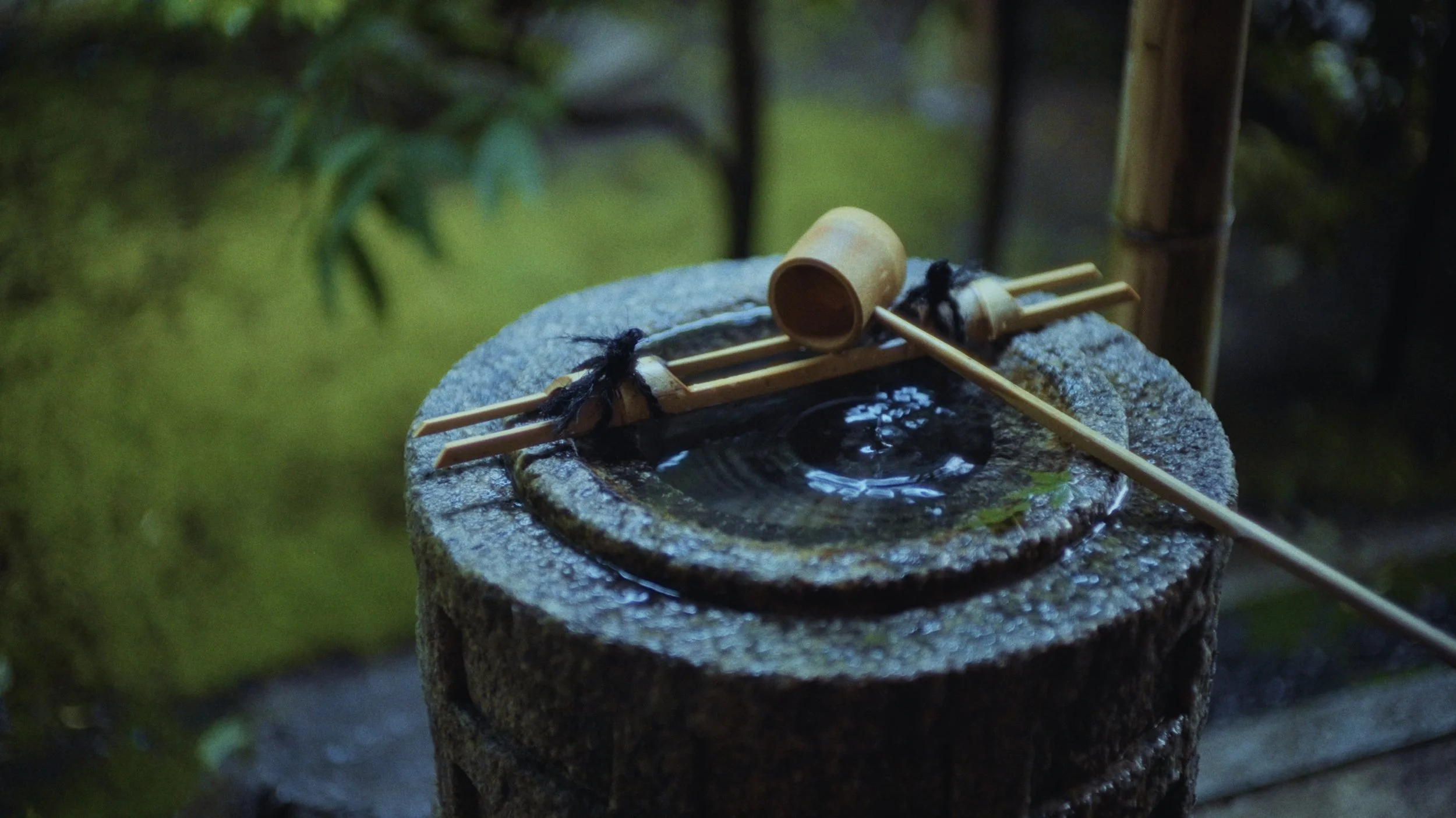 Traditional Japanese water basin with bamboo ladle and tea whisk on a moss-covered stone pedestal in a garden setting