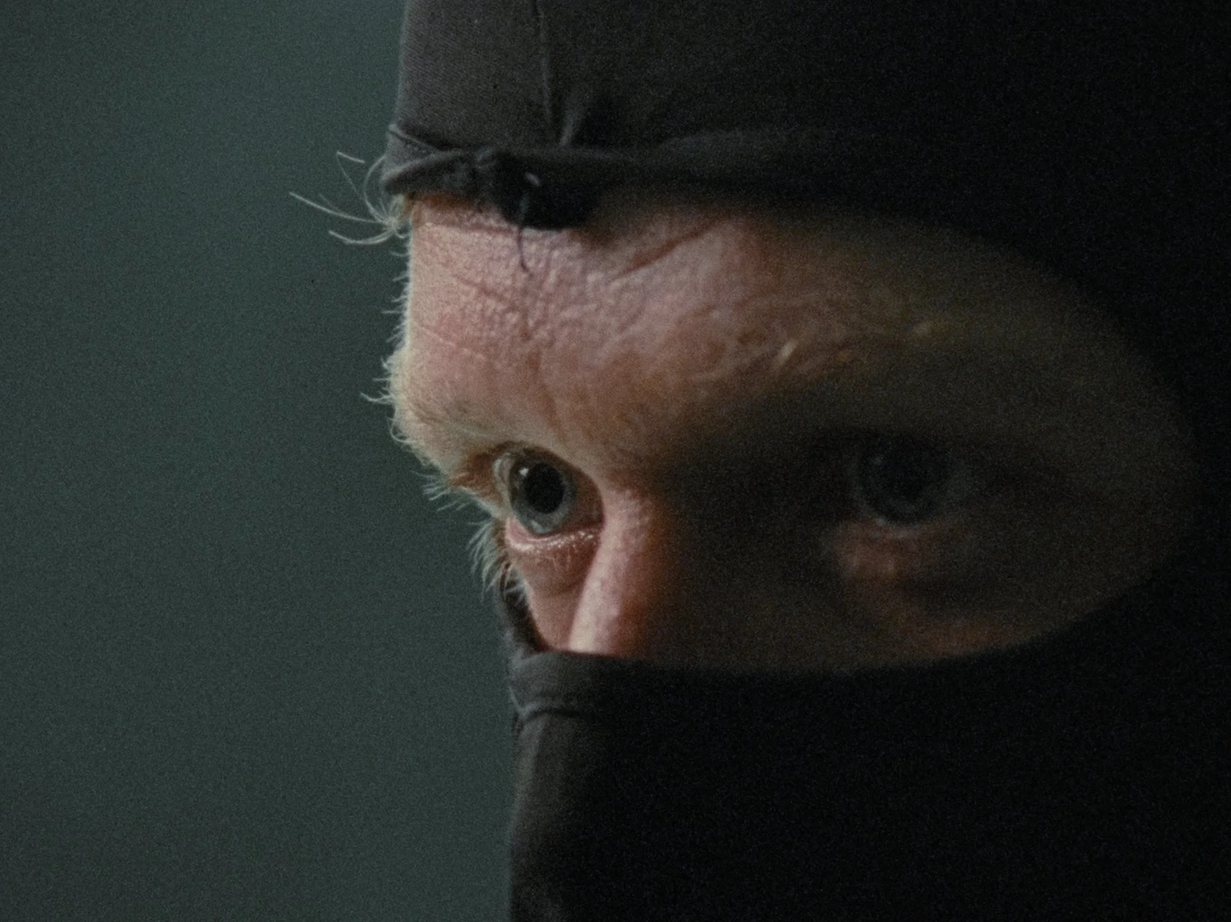 A close-up of a person's face with blue eyes, wearing a black mask, with a black insect on the person's forehead.