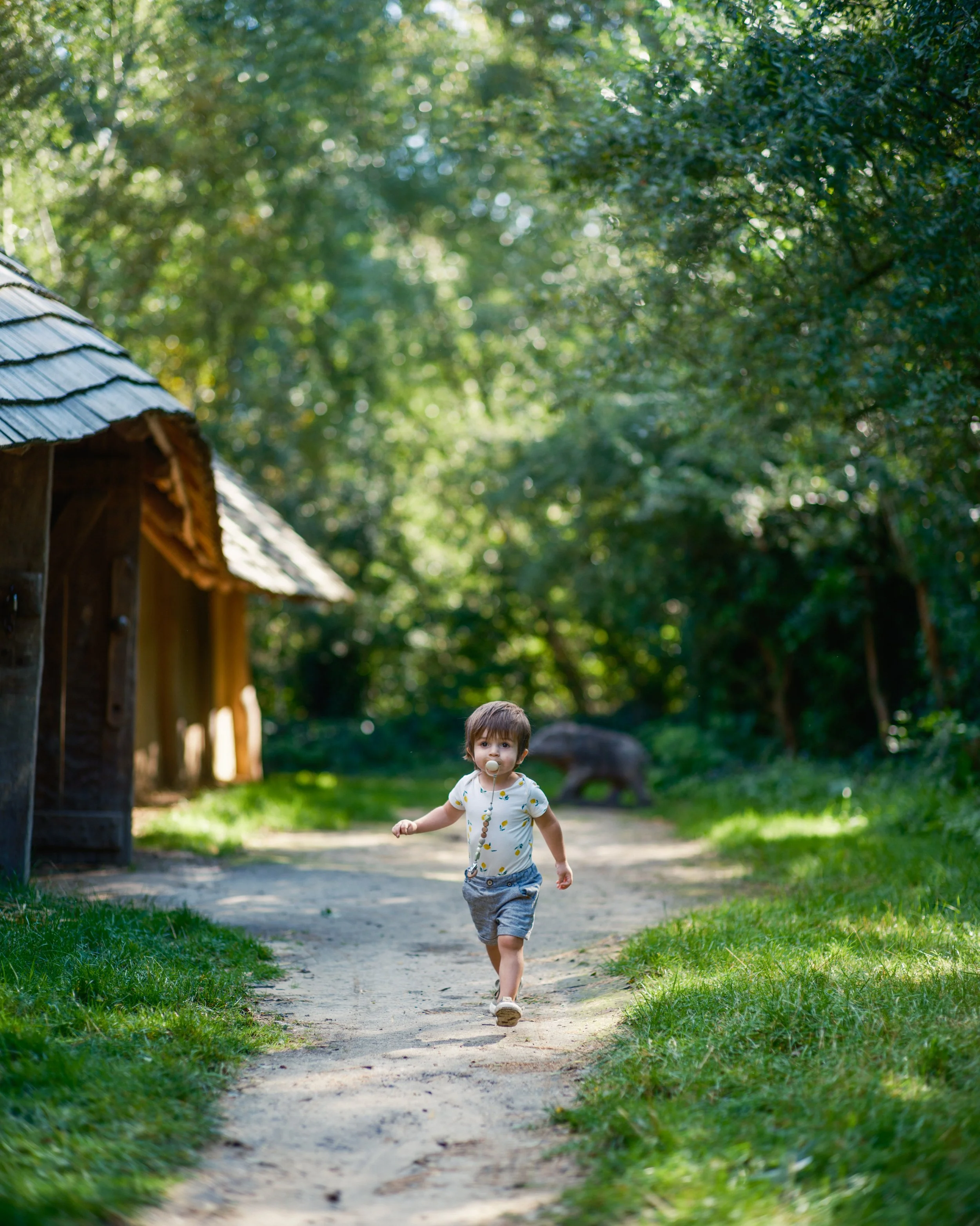 A young boy with a pacifier in his mouth, wearing a white shirt with a yellow pattern and gray shorts, running on a dirt path surrounded by green grass and trees, with a wooden structure on the left.