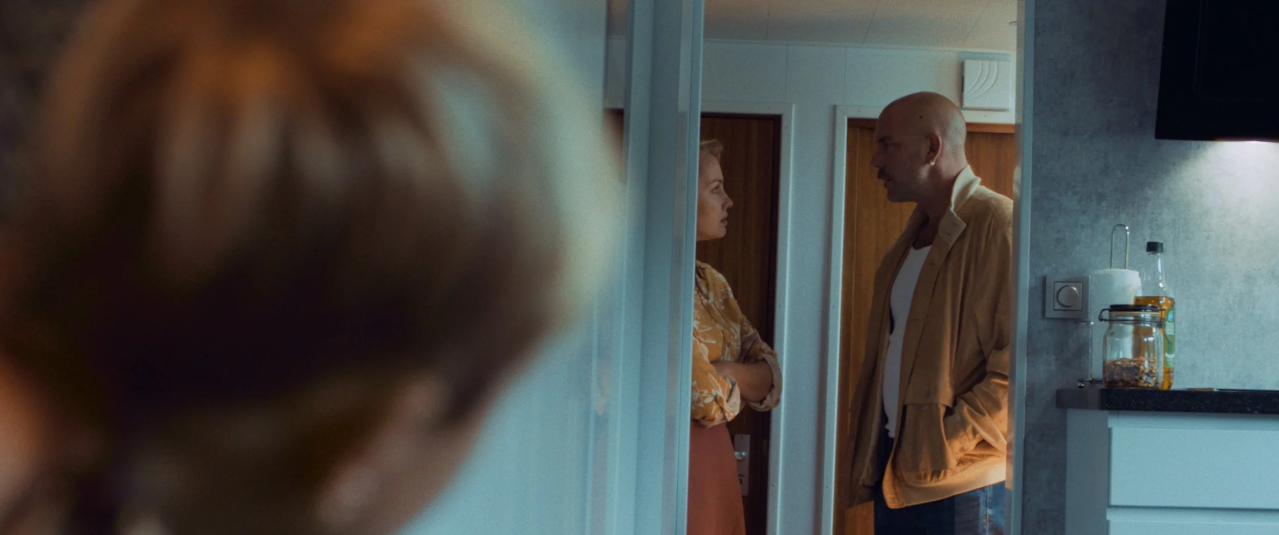 A man and a woman are standing face-to-face in a small room or hallway, having a serious conversation. The woman has folded arms, and the man is wearing a beige jacket. The picture is taken from behind a blurred foreground, which appears to be a pers