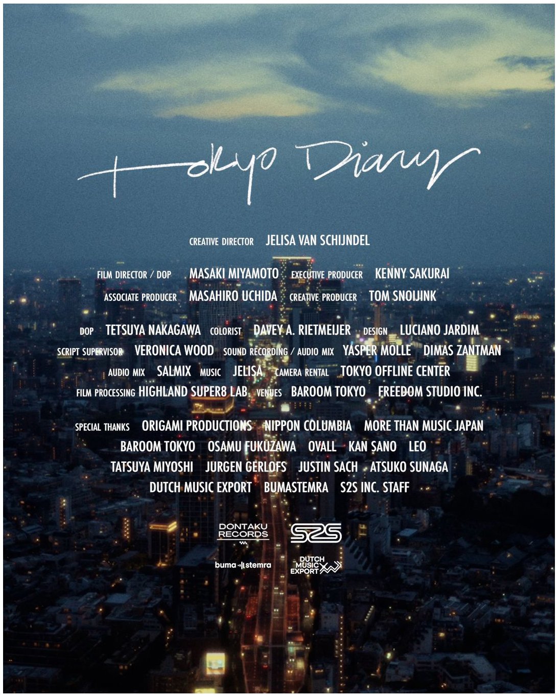Overhead view of Tokyo city skyline at dusk with city lights, overlaid with text credits for a film or project.