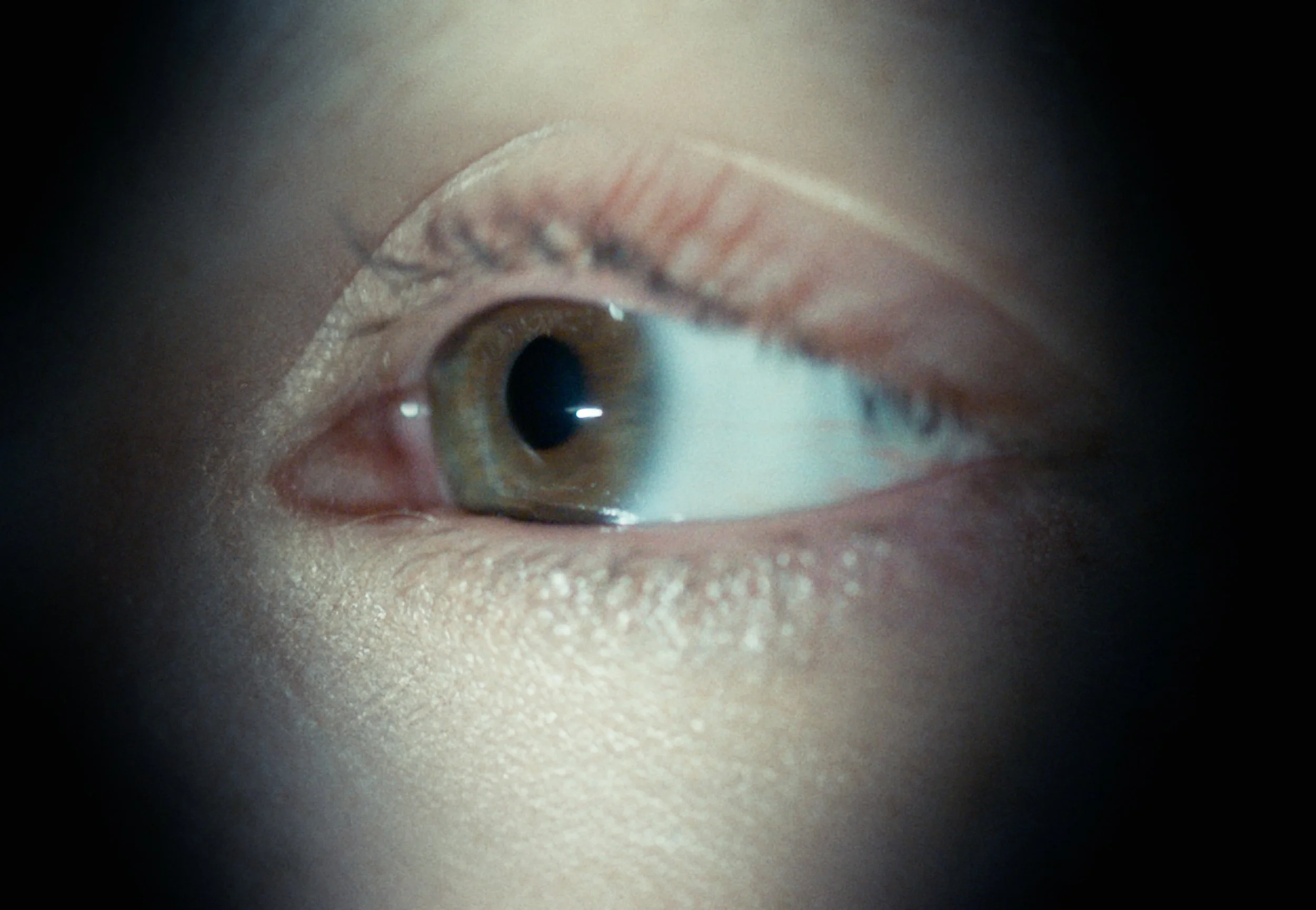 Close-up image of a human eye, showing brown iris, eyelashes, and surrounding skin, with a reflection of light in the pupil.