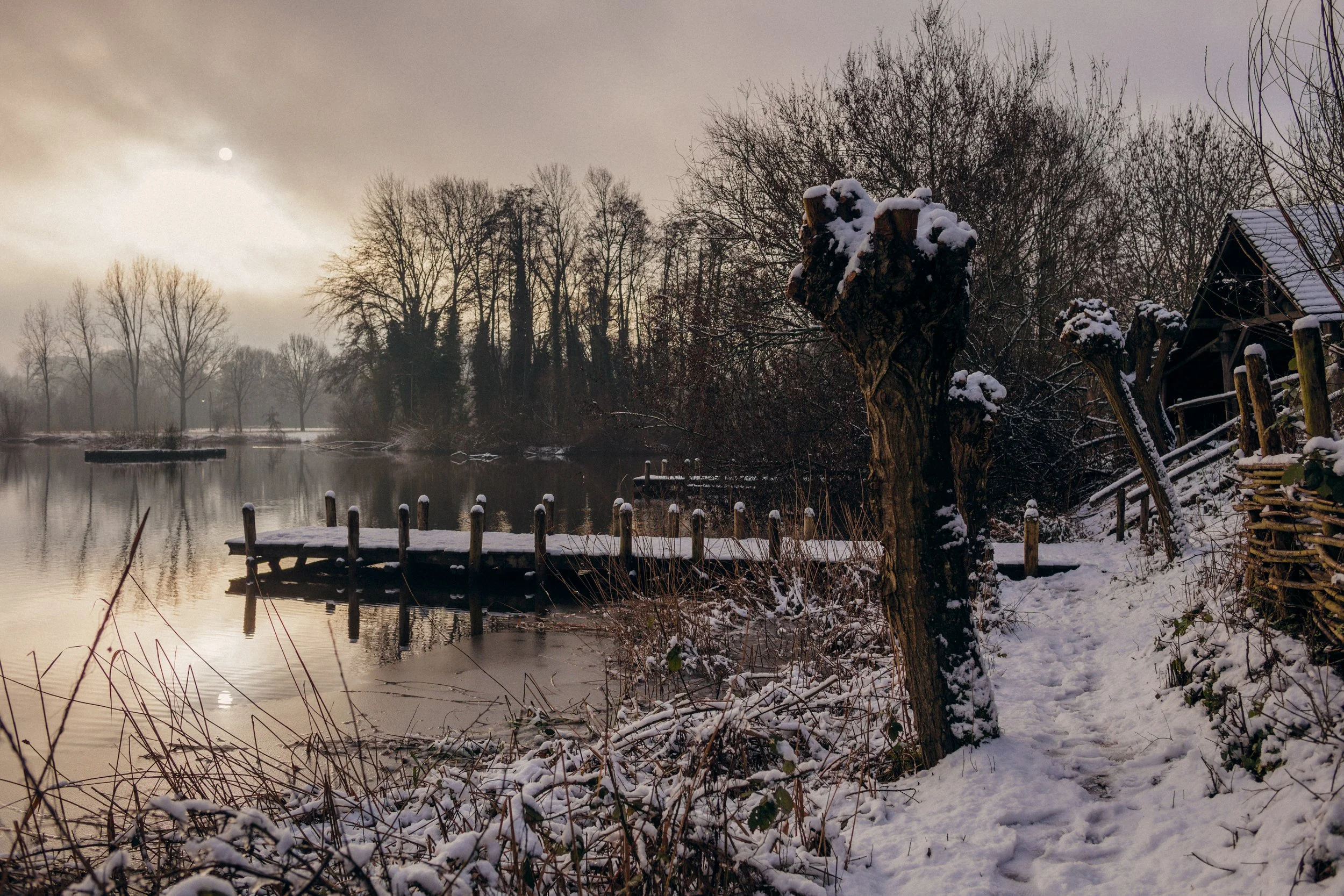 A winter scene by a river with snow-covered trees, a small dock, and a wooden structure with a sloped roof, all under a cloudy sky with the moon visible.
