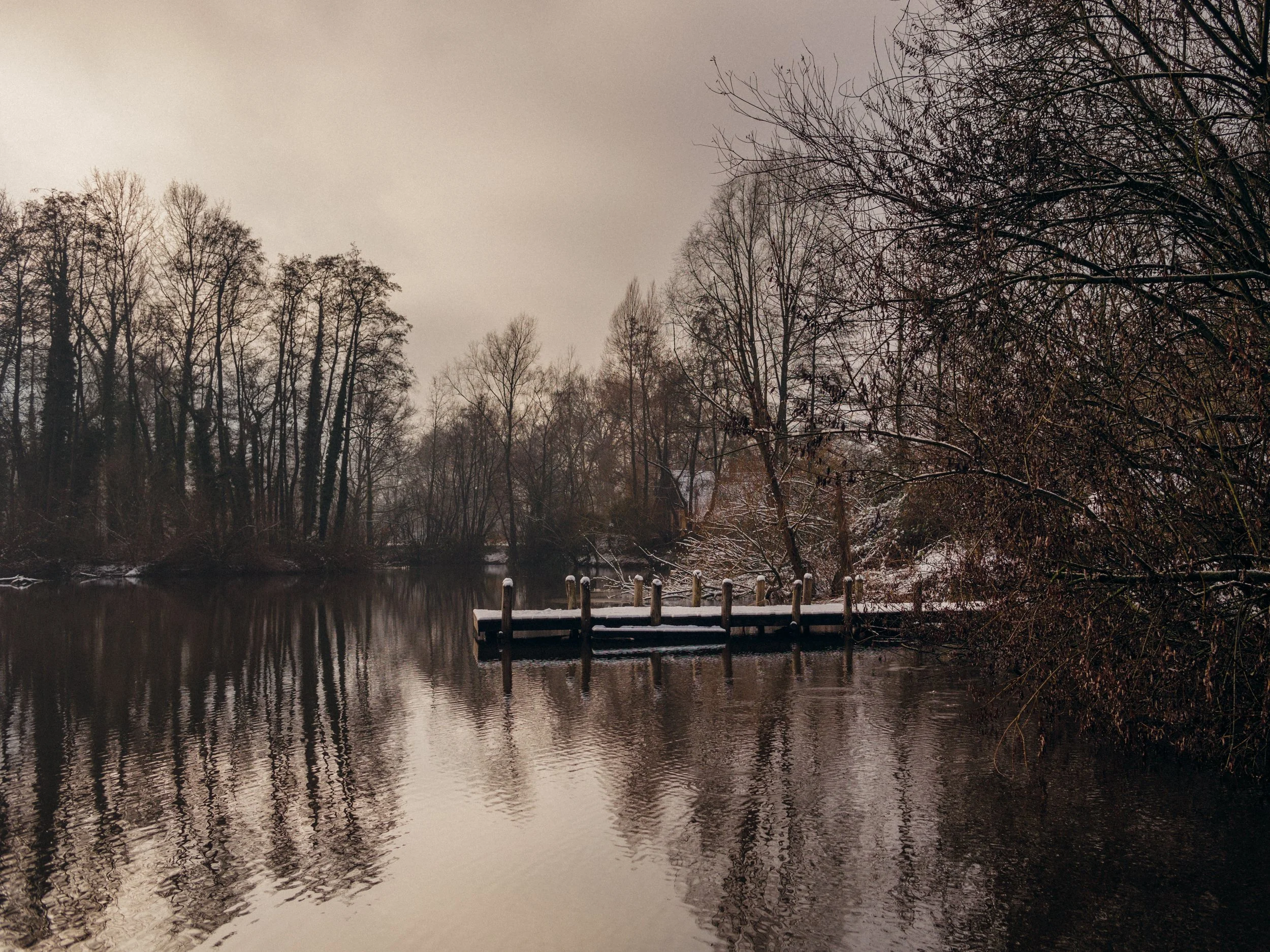 A calm river with a small dock and several posts near the edge, surrounded by leafless trees on a cloudy day.