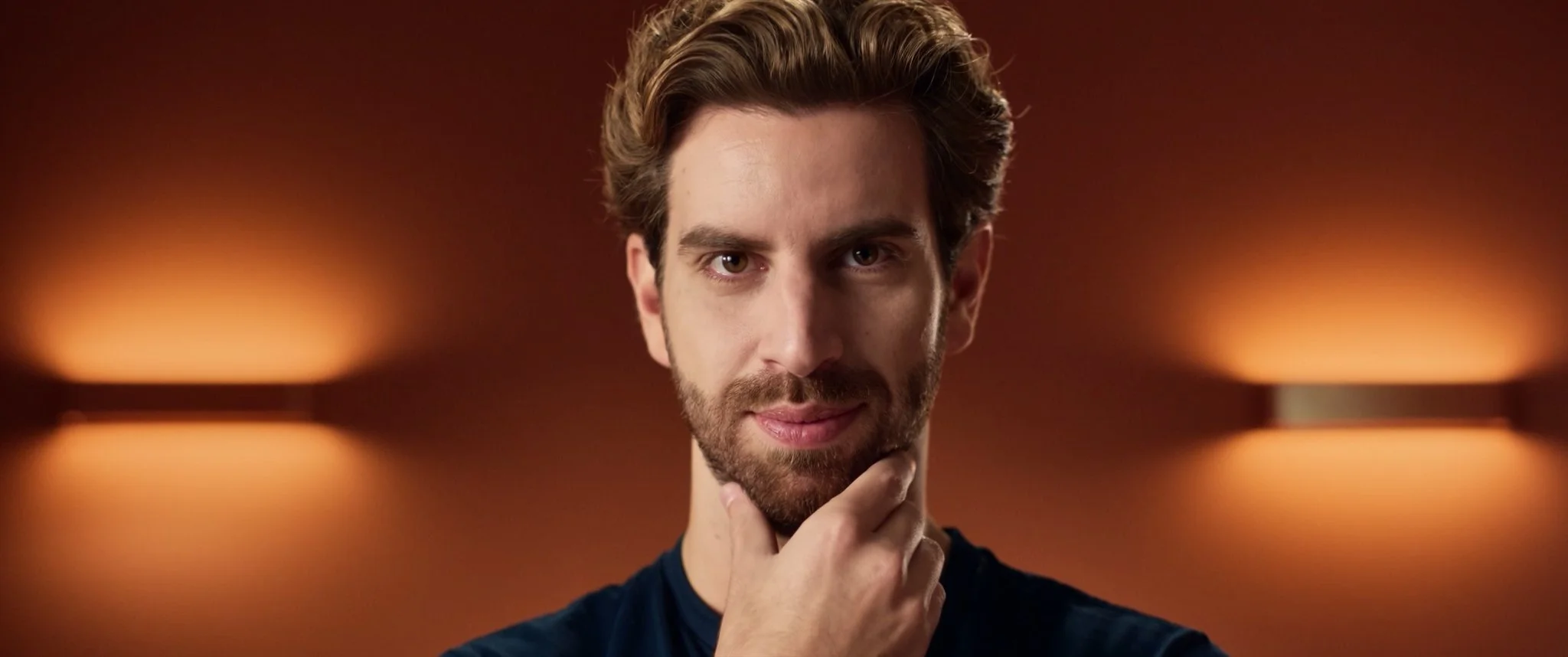 A man with brown hair and a beard, looking directly at the camera with a serious expression, with his hand on his chin, standing in front of a blurred background with warm lighting.