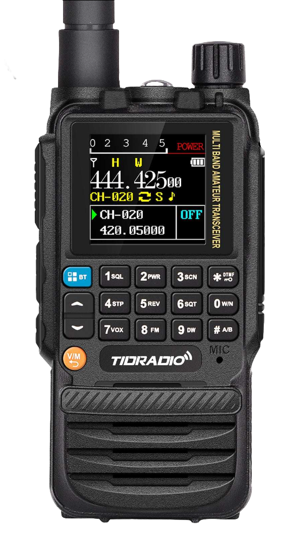 TIDRADIO TD-H3 compact dual-band handheld amateur radio with antenna, color display and keypad.