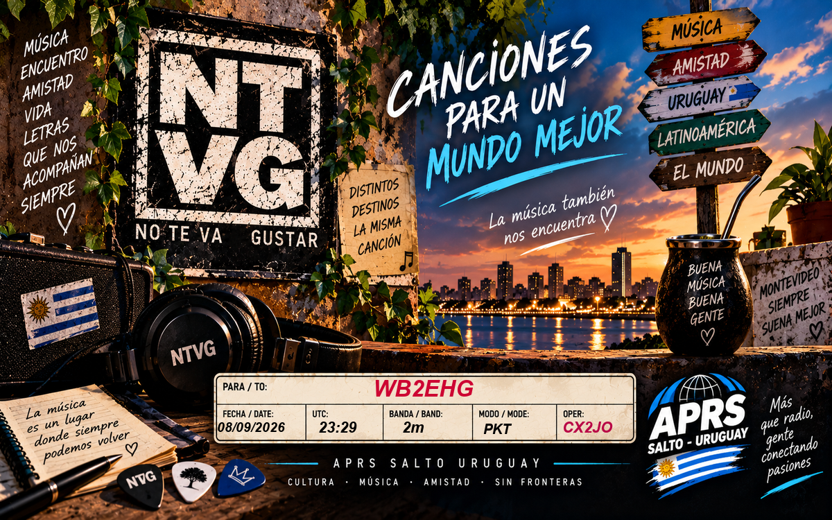 QSL card from CX2JO in Uruguay, confirming an APRS packet contact with WB2EHG on 2 meters (144.390 MHz) at 23:29 UTC on September 8, 2026. The card celebrates Uruguayan music and culture with a richly detailed Montevideo waterfront scene, featuring i