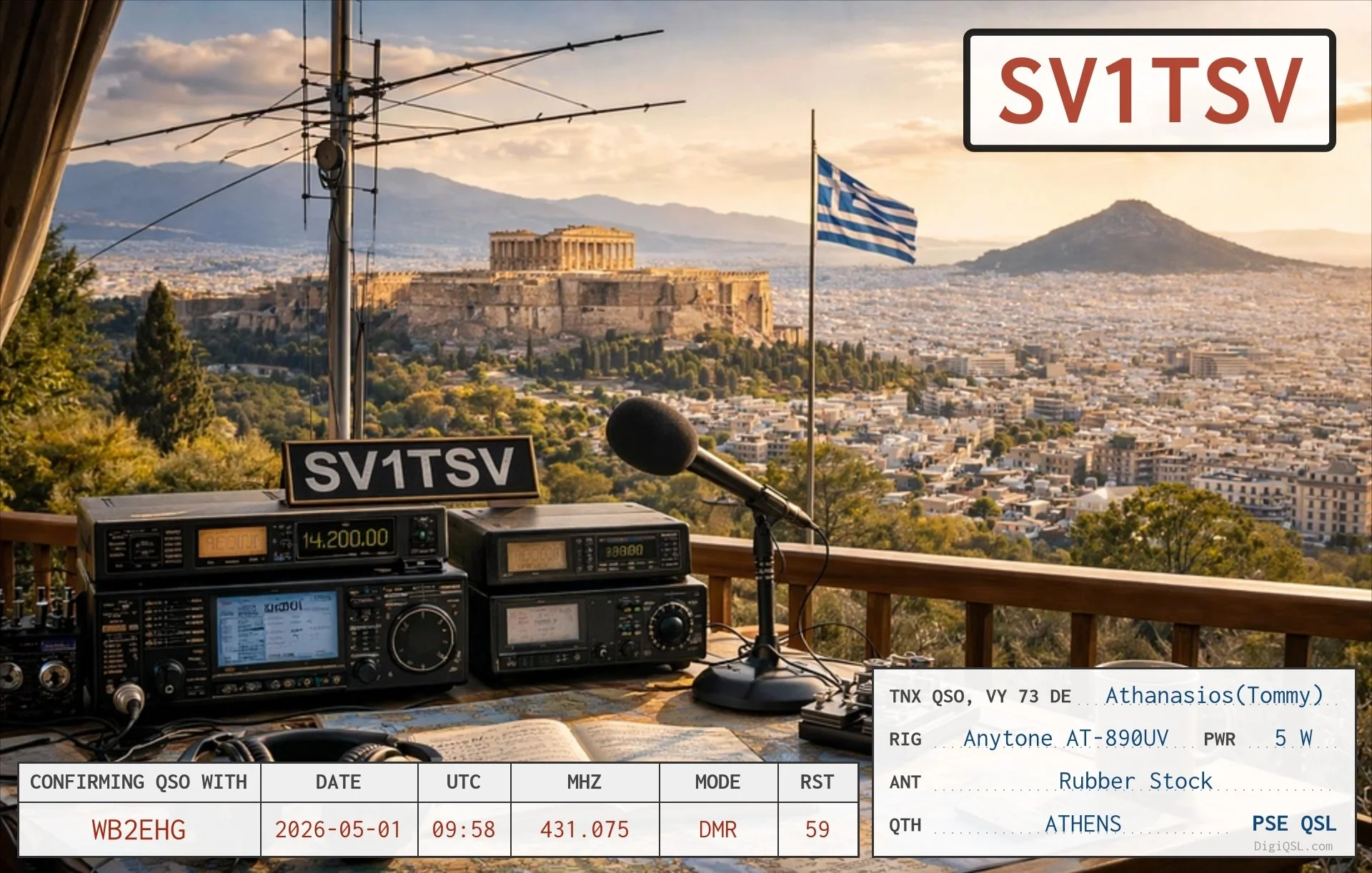 QSL card from Athanasios “Tommy,” SV1TSV, in Athens, Greece, confirming a DMR contact with WB2EHG on May 1, 2026. The card depicts his amateur radio station overlooking Athens, with the Acropolis, Greek flag, and surrounding mountains in the backgrou