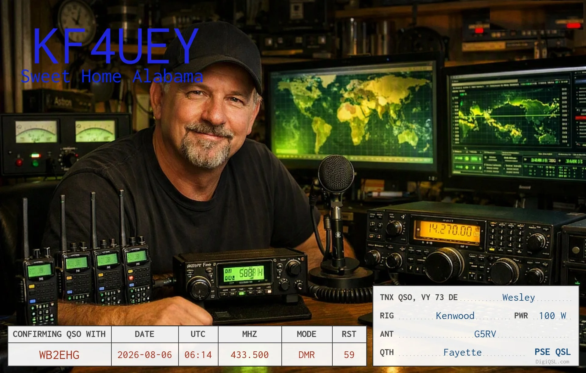 KF4UEY — Wesley from Fayette, Alabama. We connected over DMR on August 6, 2026, for a friendly contact that added another Alabama station to my log and another colorful card to my growing QSL collection.