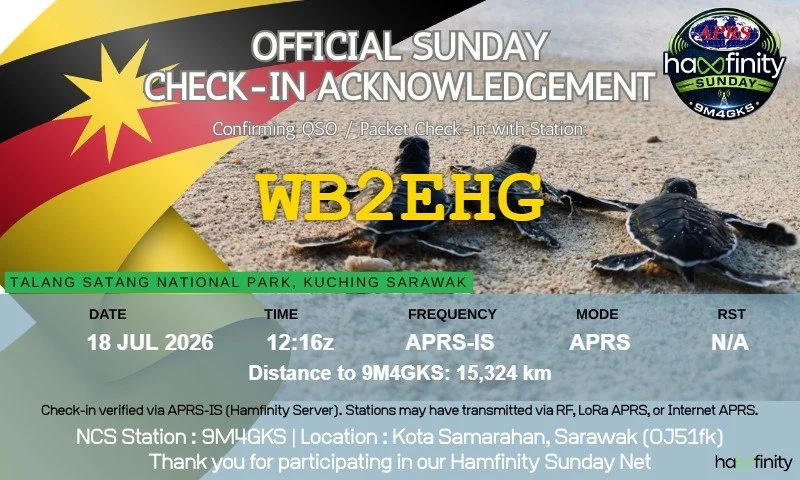 APRS check-in acknowledgment for WB2EHG from the Hamfinity Sunday Net in Sarawak, Malaysia, featuring sea turtle hatchlings on a beach.