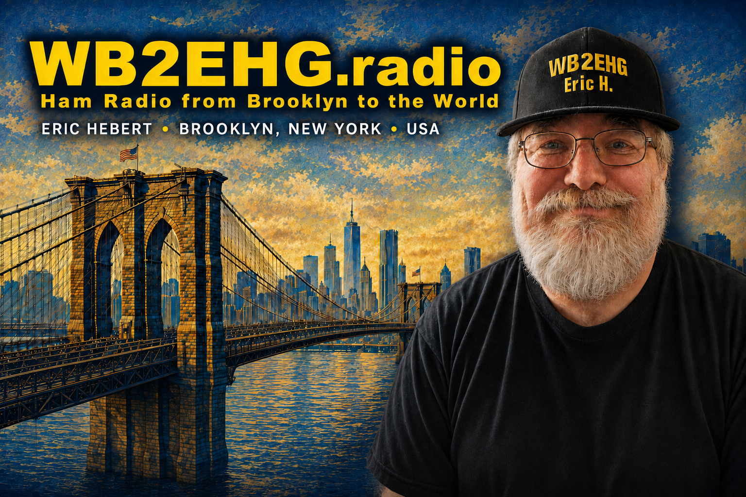 WB2EHG eQSL graphic featuring Eric Hébert with the Brooklyn Bridge and New York City skyline.