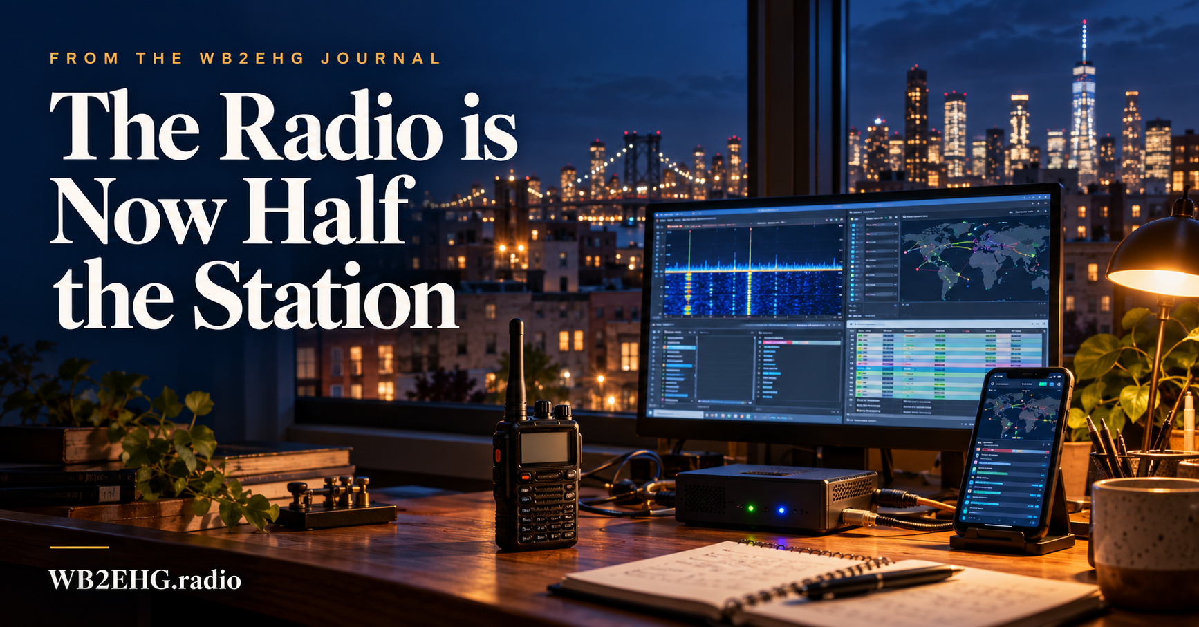 Illustrated journal cover showing a handheld radio, computer, smartphone and hotspot on a desk overlooking city lights, titled “The Radio is Now Half the Station.”