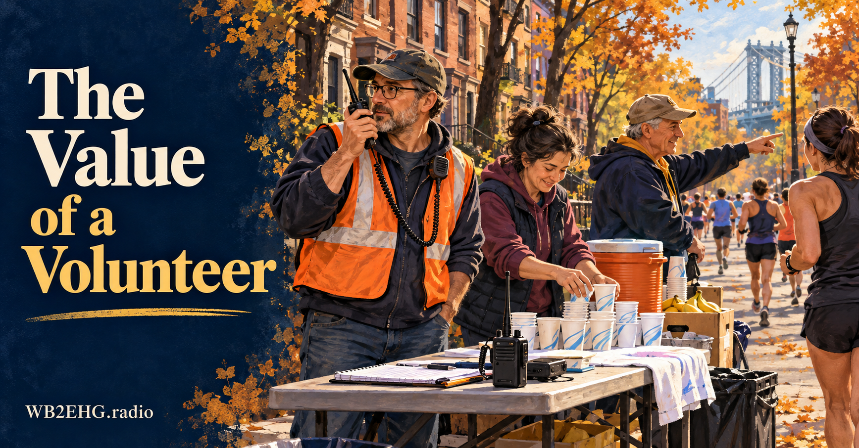 Illustration of volunteers using a handheld radio, arranging water cups, and helping a runner on an autumn New York street. Text reads “The Value of a Volunteer” and “WB2EHG.radio.”