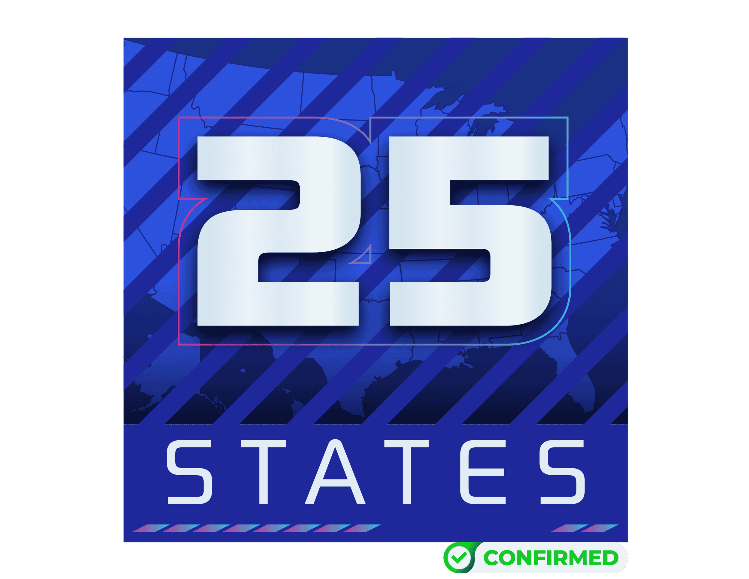 Digital graphic showing the number 23 with the text 'States' underneath, featuring a background of a stylized map of the United States with blue diagonal stripes and a check mark indicating confirmation.