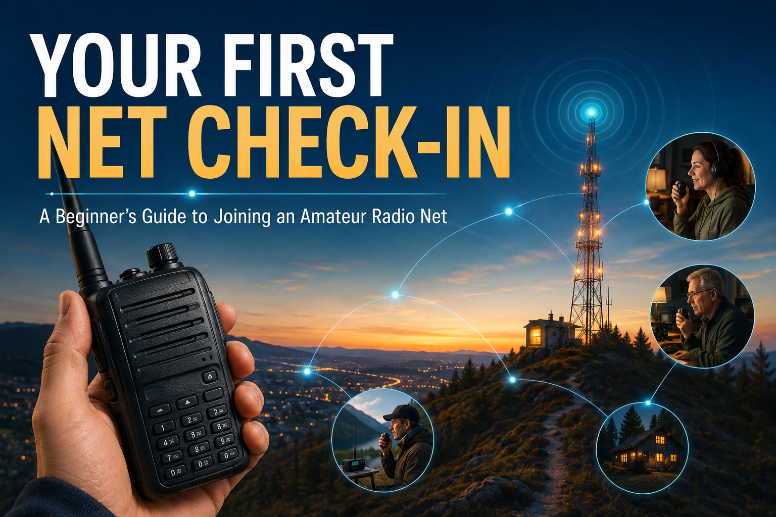 Cover of a beginner's guide to joining an amateur radio net, showing a hand holding a walkie-talkie with a sunset landscape in the background. There are three circular images of people using radios and a house, connected by graphics representing radio signals, with a radio tower in the distance.