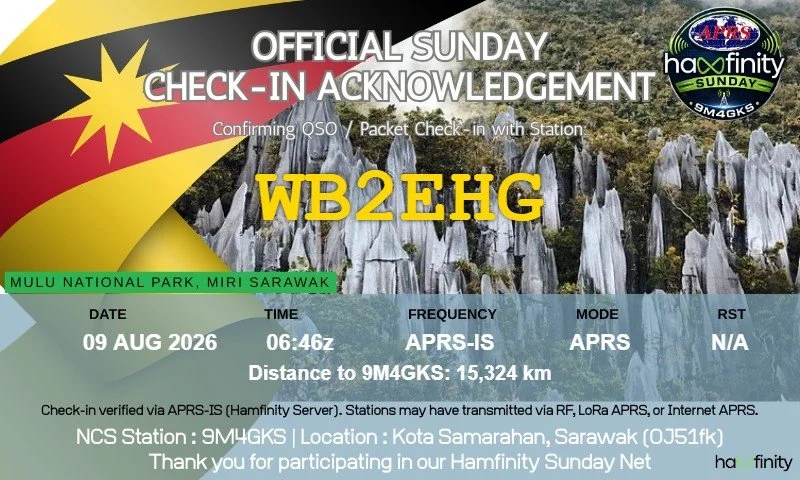 APRS check-in acknowledgement for WB2EHG from the Hamfinity Sunday Net in Sarawak, Malaysia.