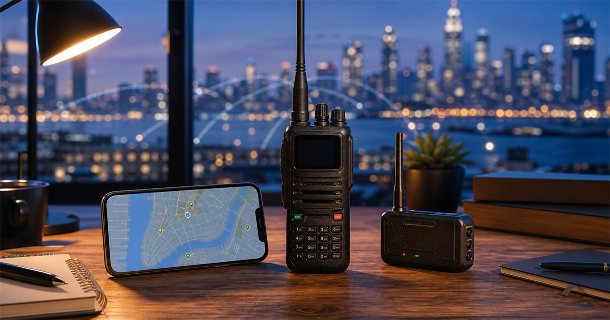 An amateur-radio handheld, smartphone map, and compact linked-radio device at a Brooklyn station, with illuminated connection paths extending across a city skyline.