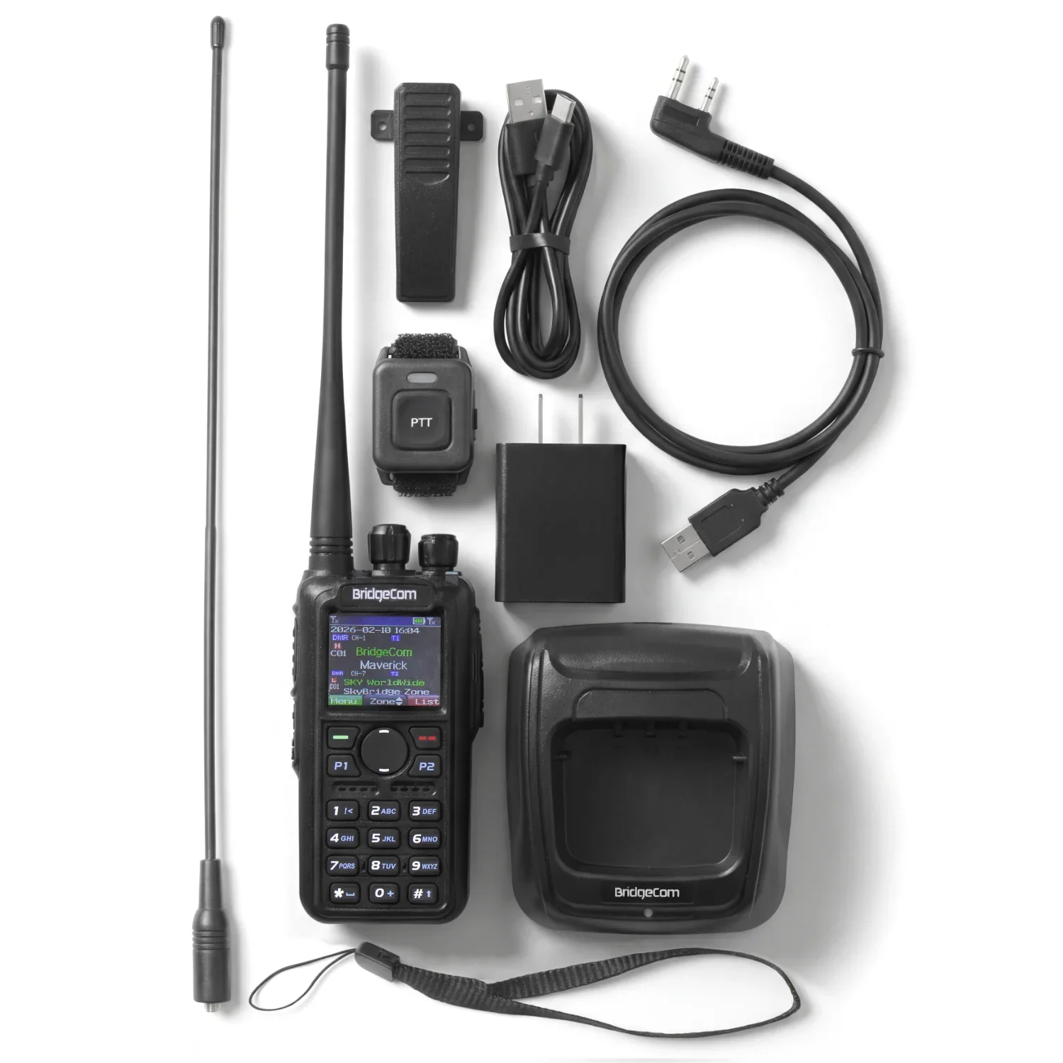 BridgeCom Maverick handheld radio with included antennas, charger, cables, belt clip, wrist strap, and Bluetooth PTT button