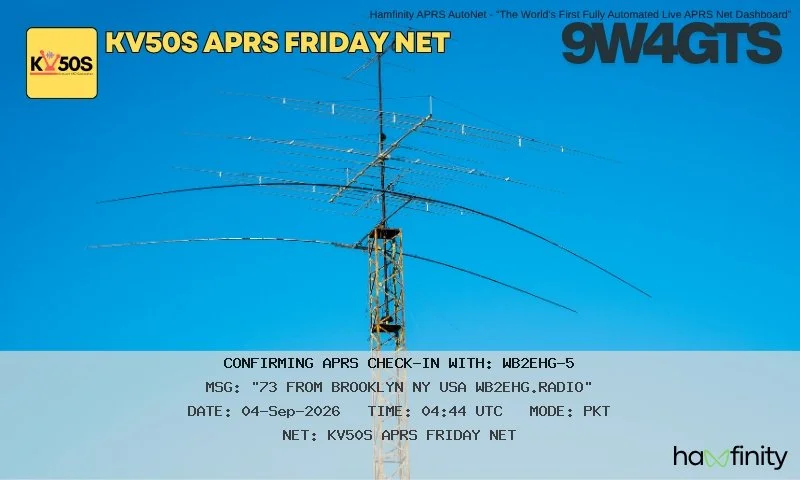 APRS check-in confirmation from 9W4GIS for WB2EHG-5’s participation in the KV5OS APRS Friday Net on September 4, 2026 at 10:44 UTC. The card features a large amateur-radio antenna array against a bright blue sky and records Eric’s APRS packet message