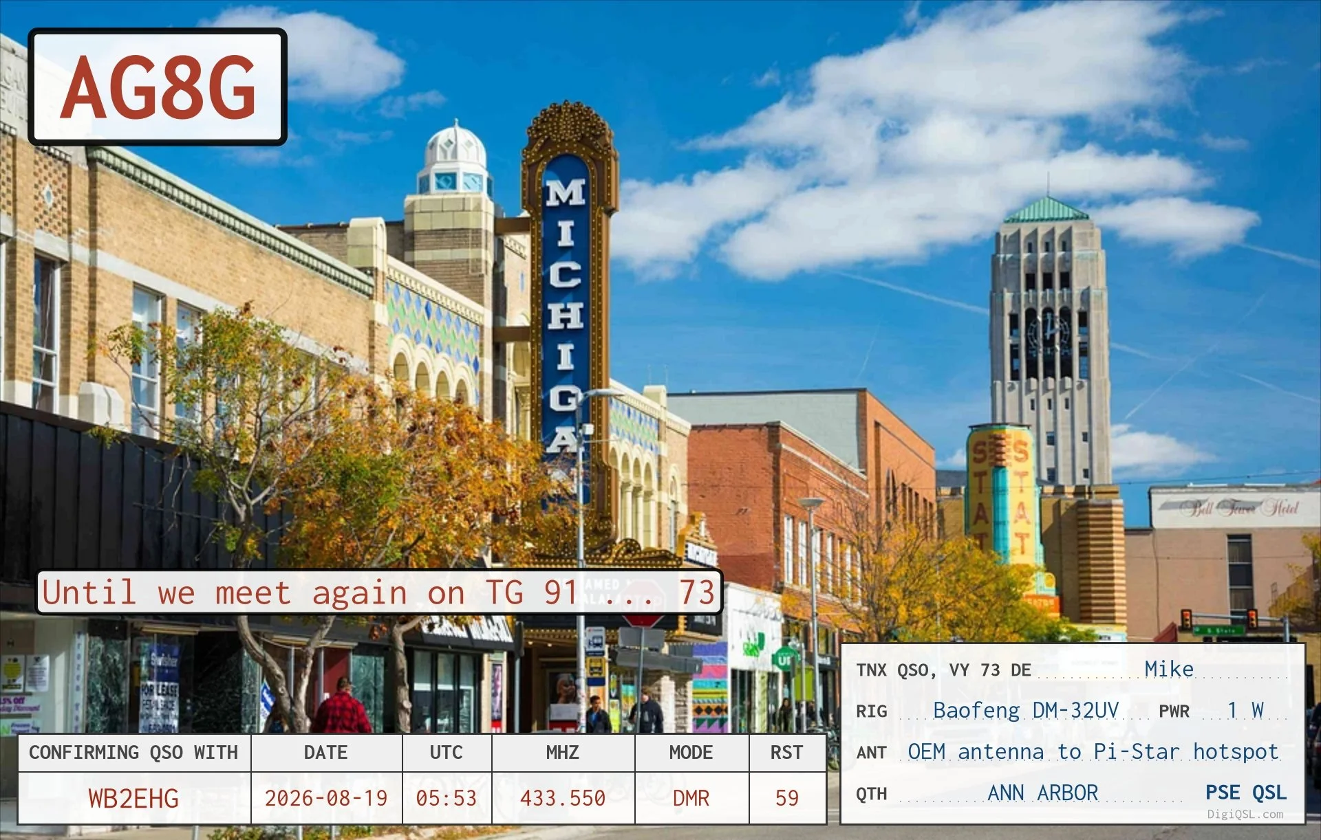 A colorful DigiQSL from Ann Arbor, Michigan, featuring downtown landmarks and confirming our DMR QSO on TG91.