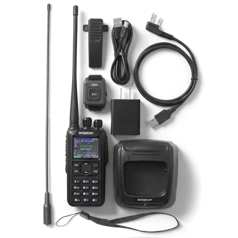 BridgeCom Maverick dual-band DMR and APRS handheld radio with included accessories