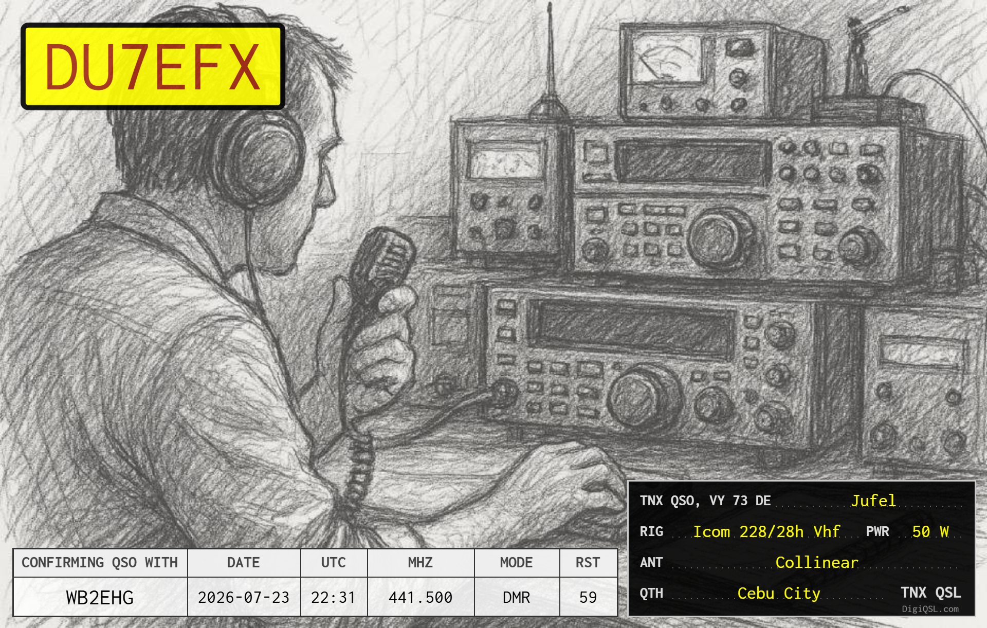 QSL card from Philippine operator DU7EFX in Cebu City, featuring a pencil drawing of an amateur radio operator at his station.