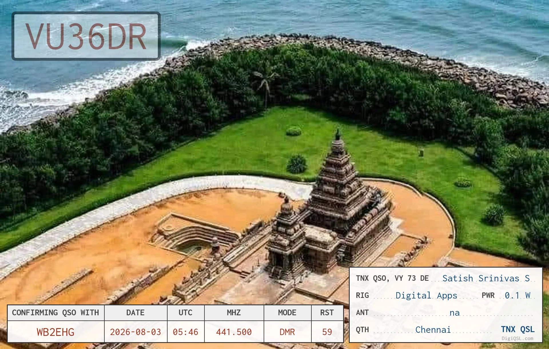 A striking aerial view of an ancient seaside temple complex on India’s southeastern coast. This DigiQSL confirms our DMR contact on 441.500 MHz, with Satish Srinivas S. in Chennai, India.