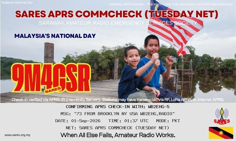 A SARES APRS CommCheck eQSL card celebrating Malaysia’s National Day. The card features two smiling children standing on a wooden walkway in a tropical riverside setting, with one child holding a Malaysian flag. Large red-and-yellow text reads “9M4CS