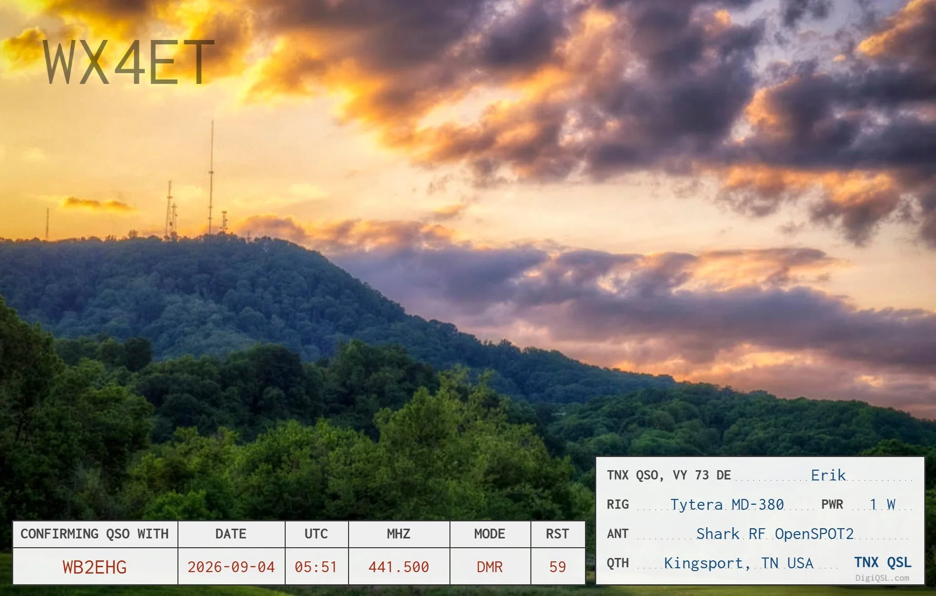 DMR QSL confirmation from WX4ET, Erik in Kingsport, Tennessee, for a contact with WB2EHG on September 4, 2026 at 05:51 UTC. The card features a dramatic sunset over the wooded Tennessee hills and notes a Tytera MD-380 running 1 watt through a SharkRF